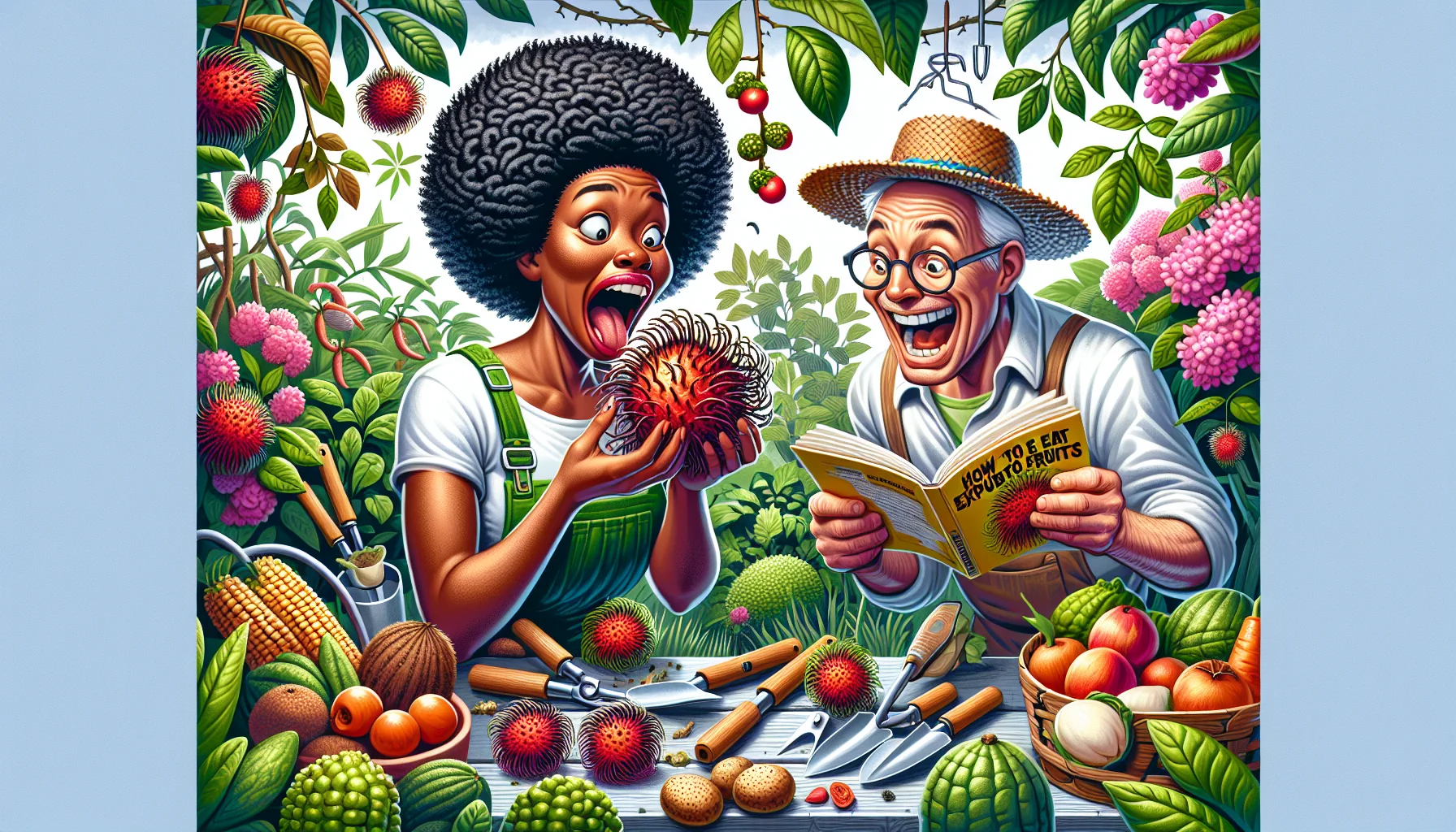 Create a detailed image that represents a humorous scene encouraging an appreciation for gardening. Show a Black woman with short curly hair, in gardening attire, while trying to eat a rambutan. She looks hilariously surprised at the weird fruit she has encountered. Her gardening tools are scattered around her and she is surrounded by various lush, blooming plants. A white man, wearing glasses and a straw hat, is laughing while reading a 'How to Eat Exotic Fruits' manual. In the background, various types of fruits and vegetables are growing healthier and abundant, emphasizing the joy of home gardening.