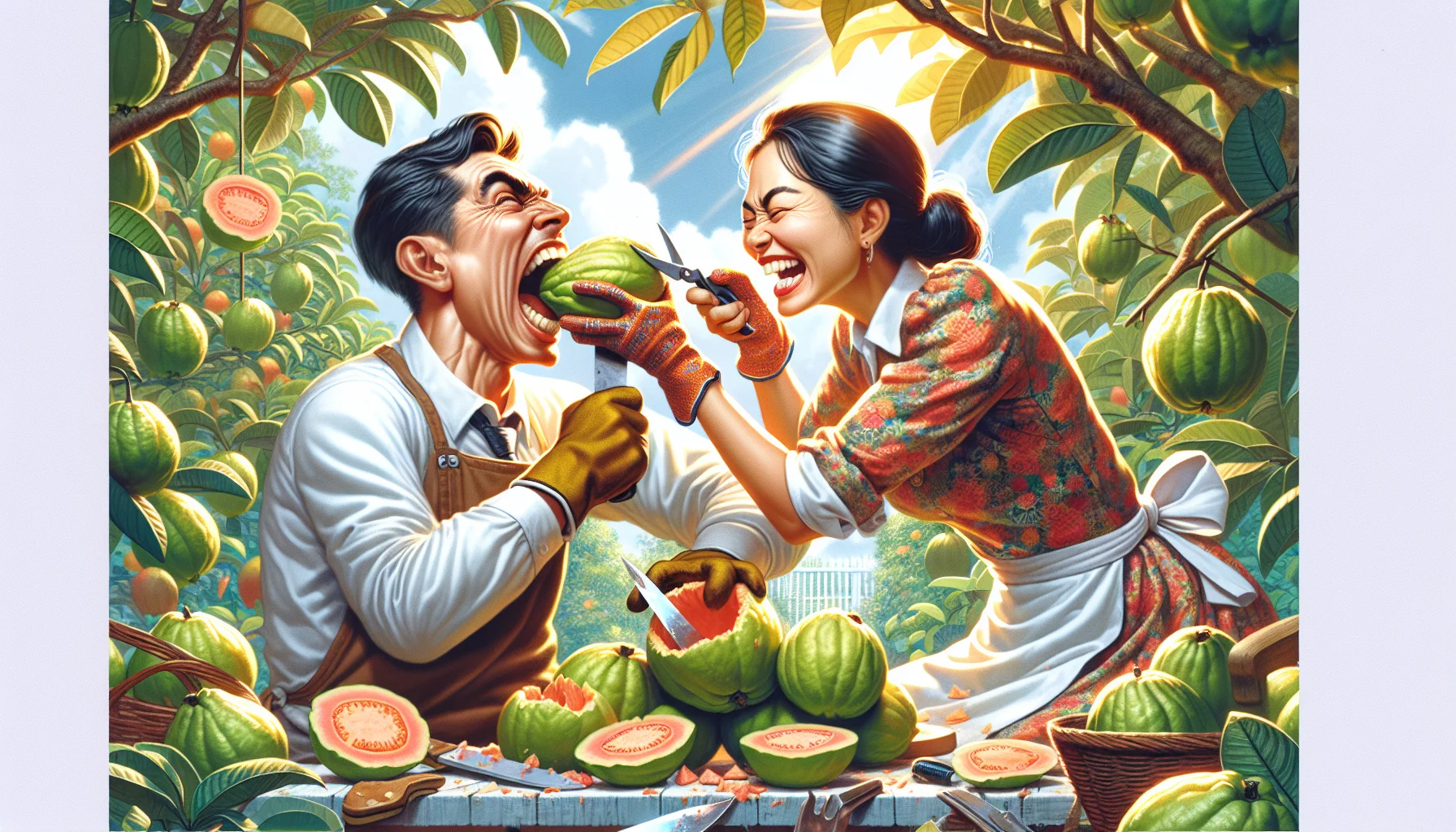 A colorful and humorous scene depicting a South Asian woman and a Caucasian man in a lush garden, surrounded by guava trees. The man is comically struggling to bite into a whole guava while the woman, expertly slicing another ripe guava with a small knife, is laughing heartily. Their attire implies that they've been actively gardening together, denoted by gloves, aprons, and gardening tools scattered around. Bright sunshine filters through the canopy of the trees, adding a warm, inviting atmosphere. The expression on their faces and vibrancy of the scene encourages the joy of gardening and the pleasure of eating homegrown fruit.
