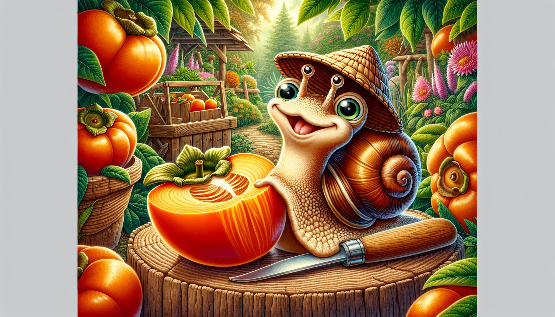 Create a humerous and detailed image of a gardening scenario. Depict a snail with a quirky expression wearing a tiny gardener hat. In front of the amused snail, set a ripe, glossy Hachiya persimmon on a wooden log. Show the fruit sliced open showcasing the pulpy interior. Add a tiny knife next to the fruit hinting that the snail is about to enjoy it. Surround this main scene with various plants and flowers native to a luscious garden. Use warm, inviting colors that entice people to engage in gardening.