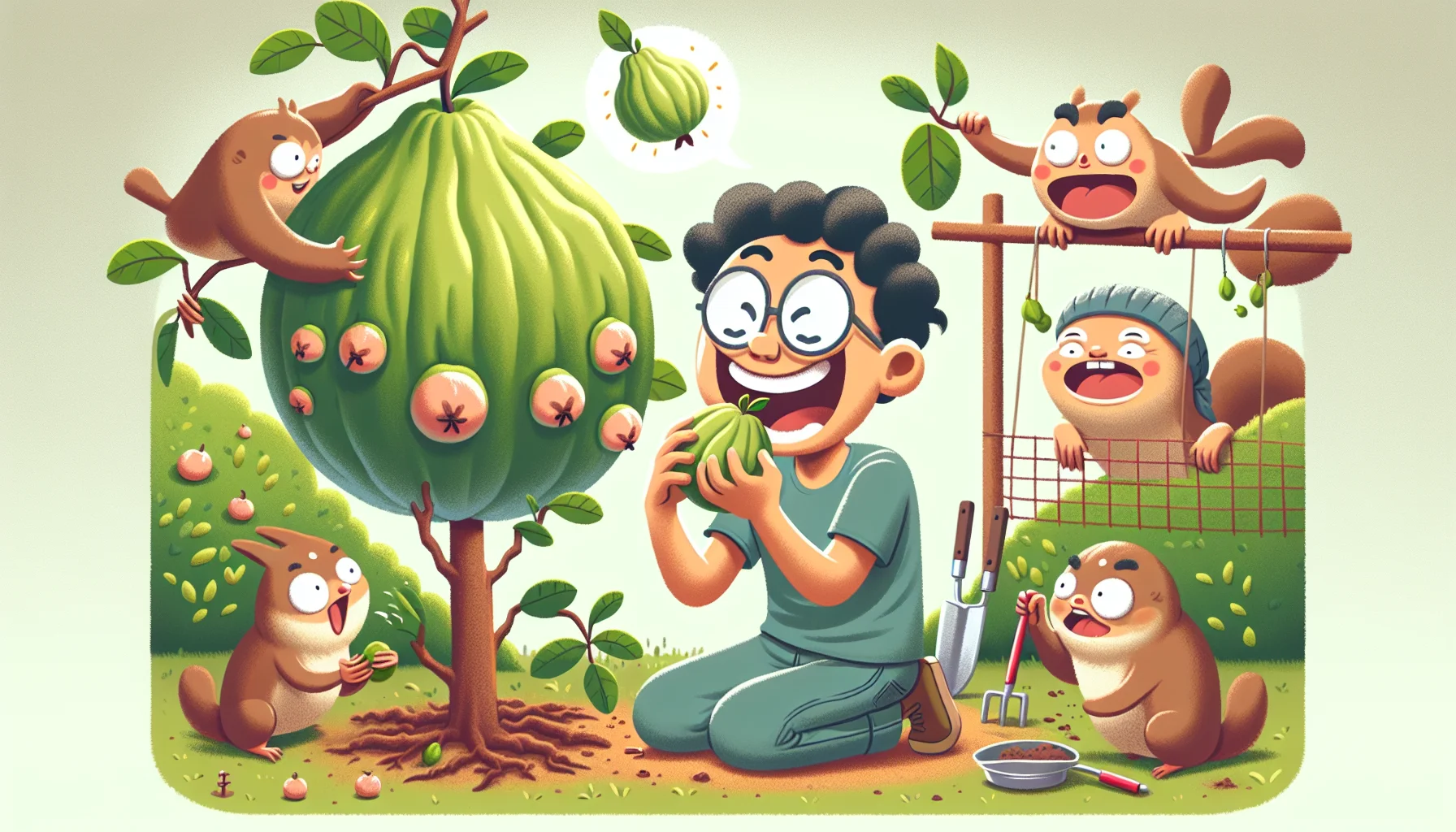 Generate an image that tells a comical story of a person enjoying the process of gardening and discovering how to eat a Mexican guava. In the scenario, an individual of Asian descent is nurturing a thriving guava plant. With wide-eyed surprise and a mirthful grin, they are sampling a freshly picked guava. Bemused birds and squirrels watch from nearby trees, some mimicking the gardener's actions in a playful manner. The image ought to emanate warmth, endearment and humor, inspiring people to experience the joys of gardening and exploring new fruits like the Mexican guava.
