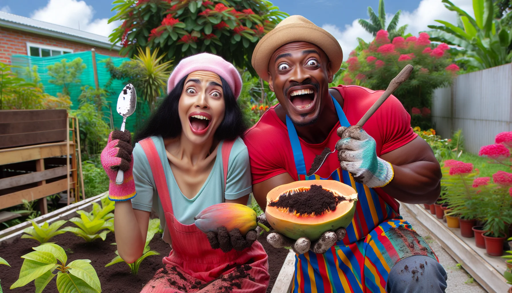 Picture a humorous gardening scene. In the foreground, a Middle-Eastern woman is seen laughing, holding a paw paw fruit with a spoon stuck in it. She appears to be making funny surprised faces as she tastes the juicy fruit. To her side, a Black man grinning broadly, proudly holds out a large ripe paw paw harvested from a lush paw paw tree nearby. They are dressed in colorful gardening gear with dirt smudged faces, implying they just dug up this fruit. Behind them, a well-manicured garden brims with various plants and flowers, giving a vibrant backdrop to this joyful scenario.