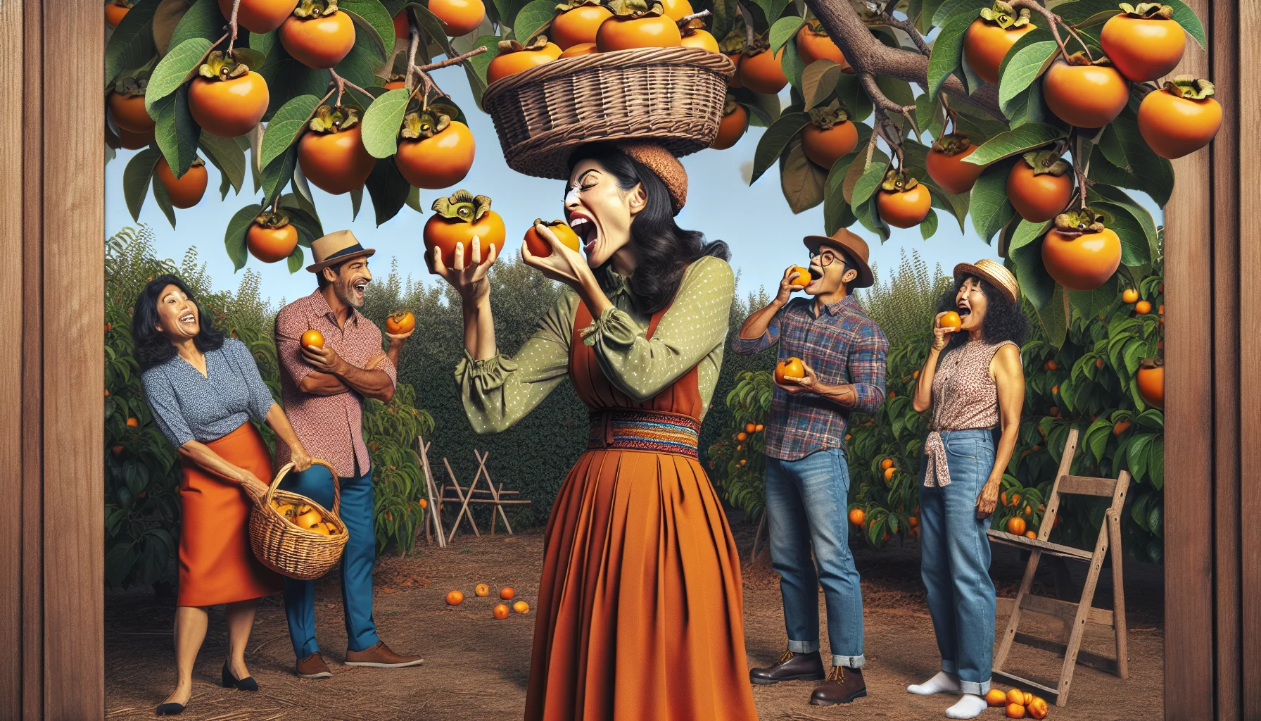 Create a realistic image illustrating an amusing scenario pertaining to persimmon consumption. Display an Hispanic woman snappily dressed in gardening attire, picking a ripe persimmon from a tree in her lush, back-yard orchard. She's trying whimsically to balance a large fruit-filled basket on her head while biting into an already-picked persimmon, with juice playfully trickling down her chin. Also depict a small group of diverse onlookers - a South Asian man, a Caucasian woman, and a Black child, all dressed casually and laughing at her antics. This scenario should inspire a passion for gardening and the enjoyment of fresh fruits.