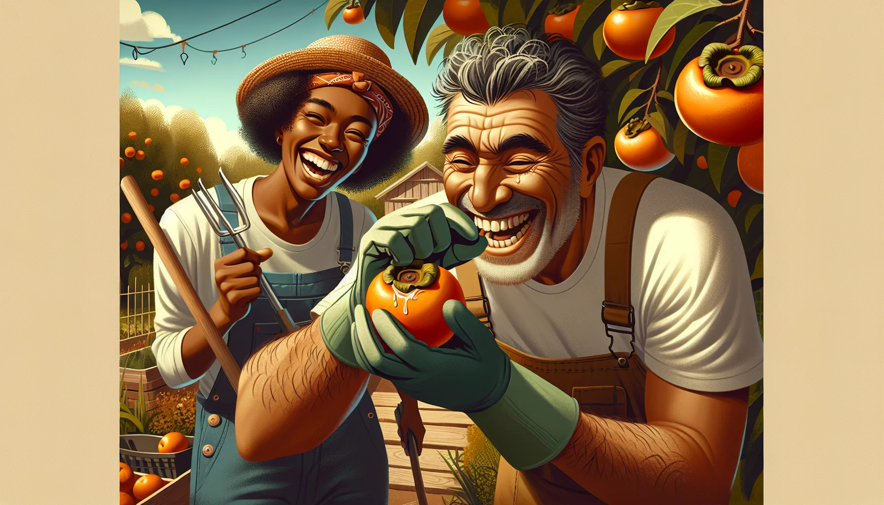 Illustrate an amusing and relatable situation of gardening with a sense of realism. The scene includes a mid-aged Hispanic man with a broad smile and a green thumb, wearing gloves and a straw hat, attempting to bite into a fresh persimmon straight off the tree. He is struggling a bit with the fruit's slippery peel as juice drips down his chin. At the same time, a young Black woman, wearing overalls with rolled up sleeves and a bandana, is laughing heartily while holding a ripe persimmon, ready to show him the proper way to eat it. Around them, the garden is filled with a variety of fruit-bearing plants and the warm, bright sunshine gives the feeling of a perfect day for outdoor activities.