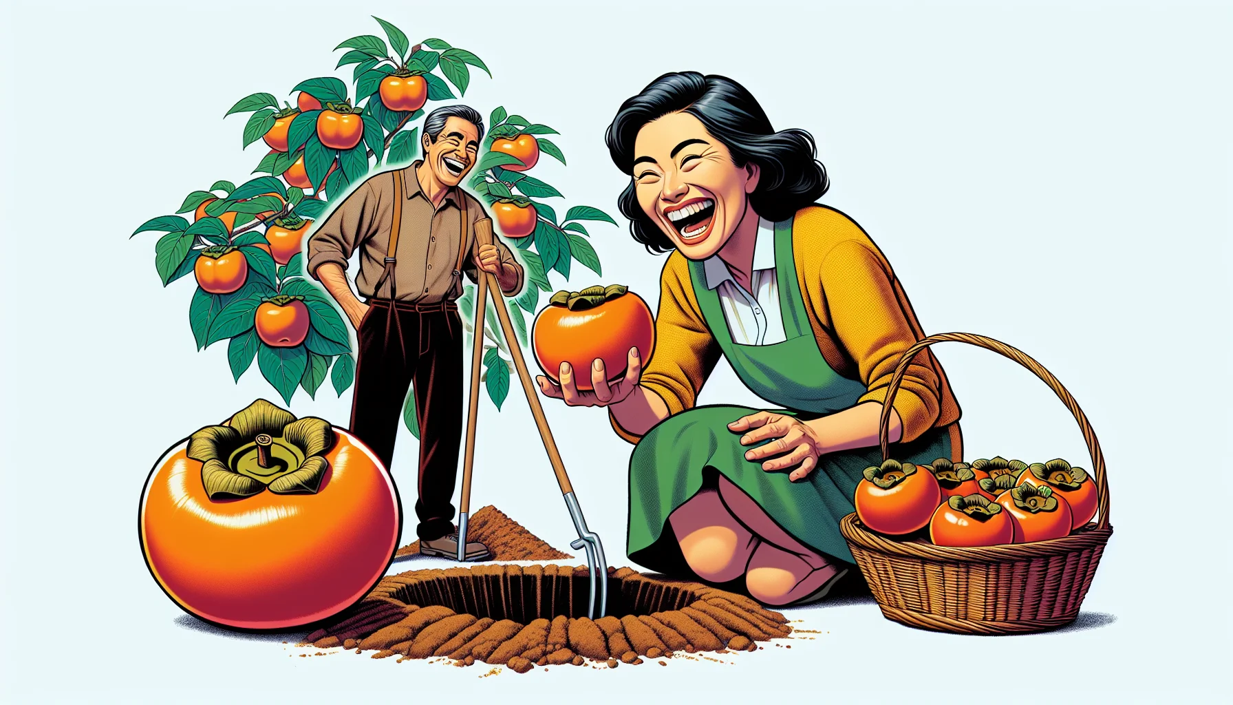 Generate an illustration depicting an entertaining gardening scenario. In the centre, there is a Hispanic woman laughing as she tries to bite into a large, juicy persimmon, it slips from her hand and serendipitously lands in a newly dug hole; could it grow into a new tree? On her right, a Caucasian man is chuckling at this playful incident, holding a basket full of ripe persimmons from their garden, illustrating the bountiful joy of home farming