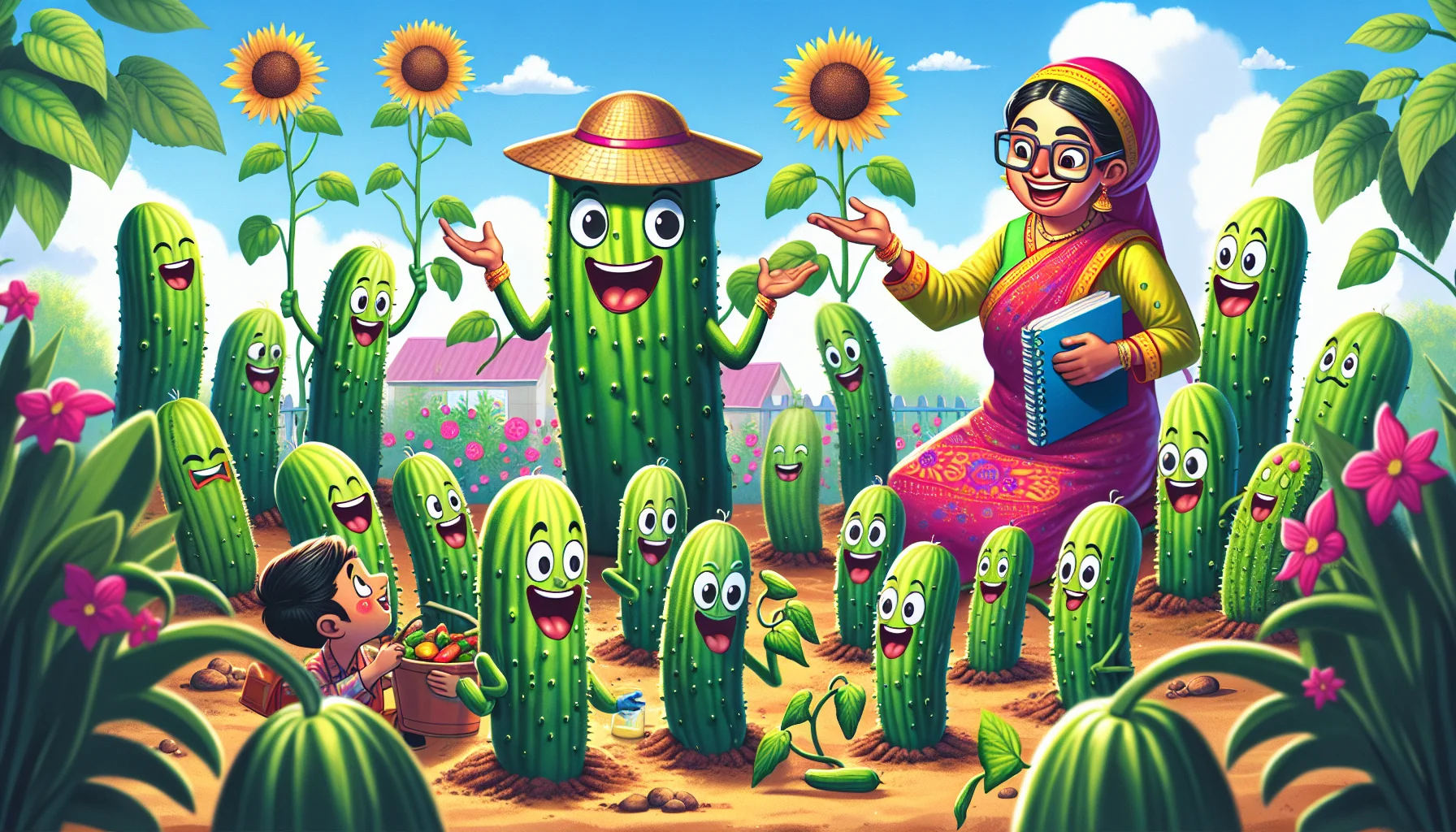 Create a humorous and enticing image illustrating the process of growing pickling cucumbers. Imagine a scenario where a jovial South Asian woman, wearing vibrant gardening attire, is seen actively instructing a group of plants, as if they were students, on how to grow properly. The plants are anthropomorphized with eyes and smiles, excitedly interacting and learning from their 'teacher'. Among the plants, the pickling cucumber plants stand out, thriving vibrantly. The background of the image is a lush and colourful garden under a sunny sky, emphasizing the joy and rewards of gardening.