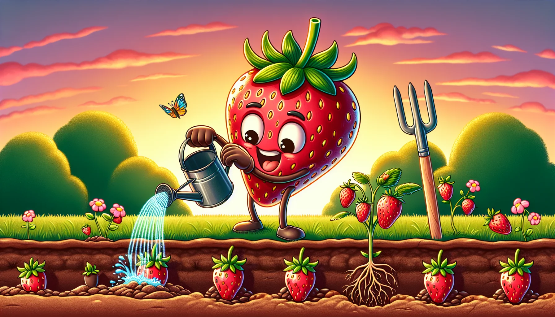 Create a comical scene of an animated strawberry with human-like features watering a garden full of sprouting strawberry plants. The strawberry character is joyfully showing a step-by-step process, from planting a tiny seed in rich, fertile soil, to watering it carefully, and finally, watching a strawberry plant sprout, bearing ripe, juicy fruits. The scene is intended to inspire people to explore gardening and enjoy the process of growing strawberries from seed. To make the scene enticing, include a vibrant sunset backdrop, colorful gardening tools, and playful garden creatures like butterflies and earthworms.
