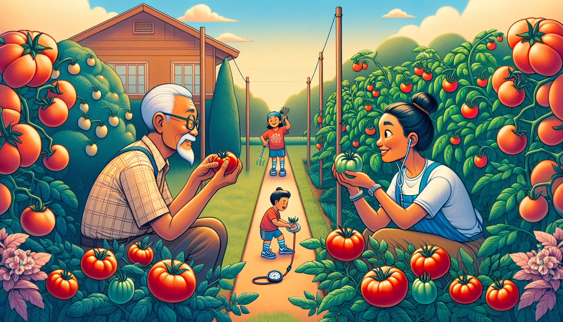Illustrate a humorous, lifelike scenario about growing top-quality tomatoes. Picture an elderly Asian man and a young Hispanic woman engaging in a friendly rivalry in their neighboring backyards. Each takes an extremely exaggerated approach to tomato care: the man is delicately pampering a tomato with a small blanket and lullaby, while the woman is training her tomatoes like athletes, with minuscule sweatbands and a whistle. Emphasize the lush tomato plants around them and let the warmth of the sun and the vibrant greenery encapsulate the joy of gardening.