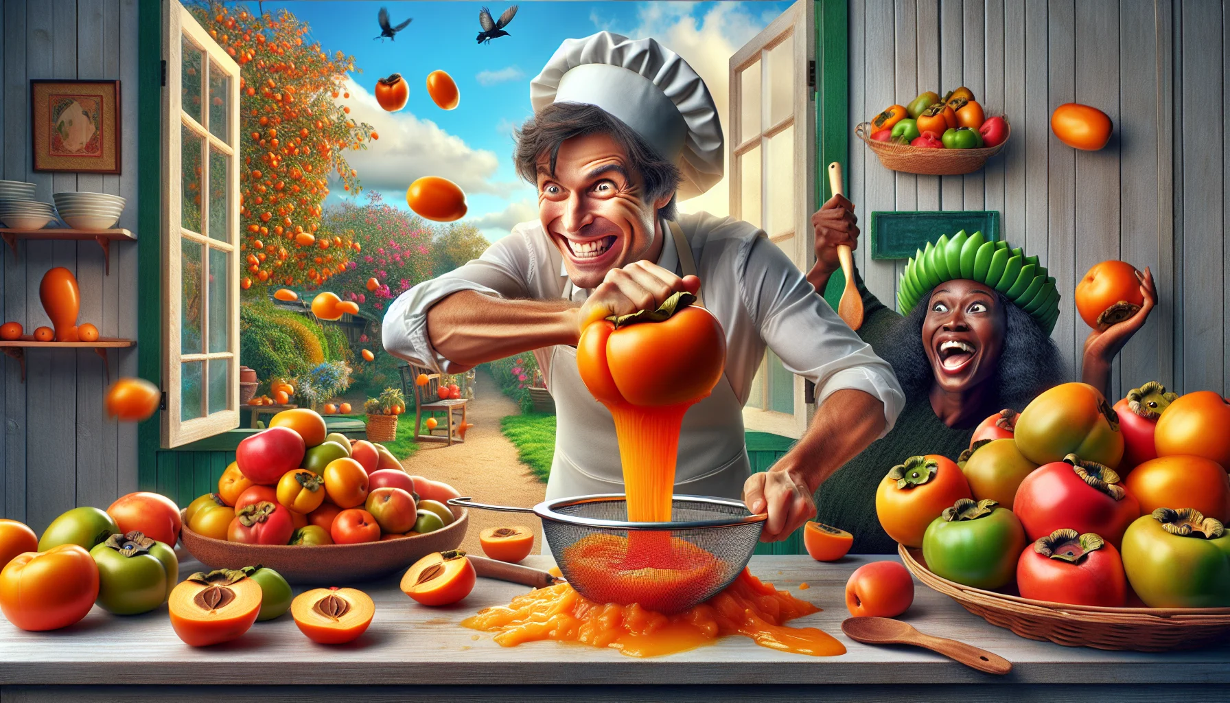 Create a vibrant and humorous image of a bustling domestic kitchen. A Caucasian man wearing a white apron is standing at a counter covered in bright orange persimmons. He's grinning widely, squeezing a ripe persimmon in a sieve making pulp, with some juice comically squirting to his side. A Black woman, wearing a green hat resembling a leaf, is giggling nearby, holding a wooden spoon. The colorful vegetables fresh from the garden are peeking from a basket on the floor. In the background, through an open window, a flourishing garden with persimmon trees can be glimpsed with petite birds fluttering about.