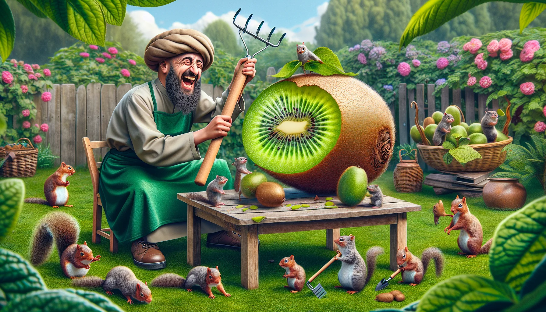 Create a hyper-realistic image illustrating a humorous scene taking place in a lush garden. The focal point of the scene is an oversized, ripe kiwi fruit perched on a quaint wooden table. There are cartoon-like gardening tools scattered around playfully. Zoom in to a person with Middle-Eastern descent, wearing a gardener's hat and attire, demonstrating how to peel the kiwi using a wee-sized garden rake. The kiwi is disproportionately large compared to the rake, and the person is laughing heartily, making the scene lively. Additionally, show curious squirrels, birds, and flowers observing the scene, enhancing the feeling of a lively garden setting.