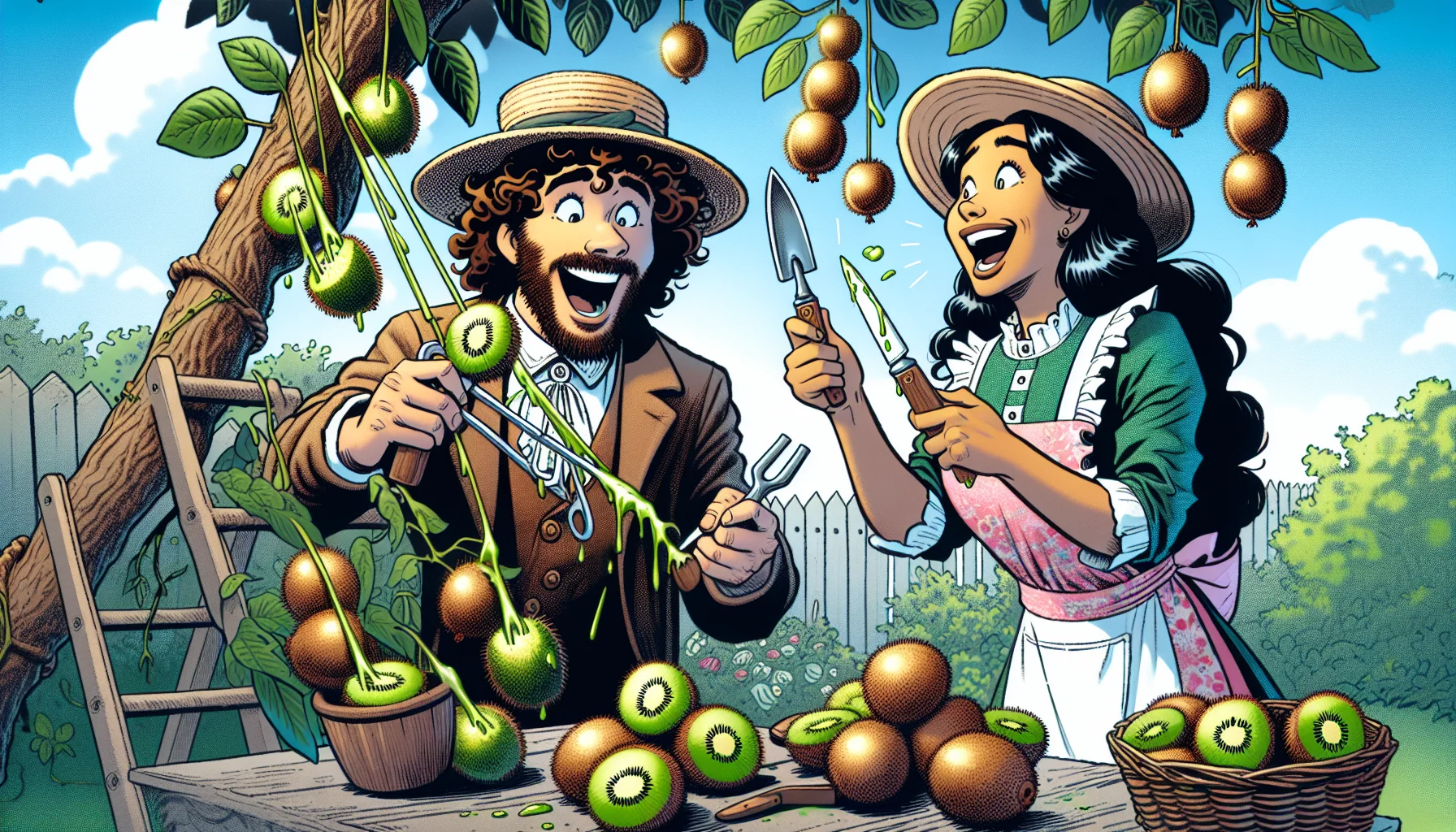 Imagine a comic-style picture showing a humorous scene taking place in a lush garden. On a warm sunny day, a white male gardener with curly brown hair and a Hispanic female gardener with long black hair, both wearing straw hats and colorful aprons, are working together. Unexpectedly, they discover a tree dripping with ripe, juicy kiwis. They are surprised and delighted, starting a playful kiwi-peeling competition. The man uses a fancy, large Victorian-style spoon while the woman skillfully employs a small, cute paring knife. Their laughter and excitement stir up the curiosity of the garden animals, inviting everyone to find joy in gardening.