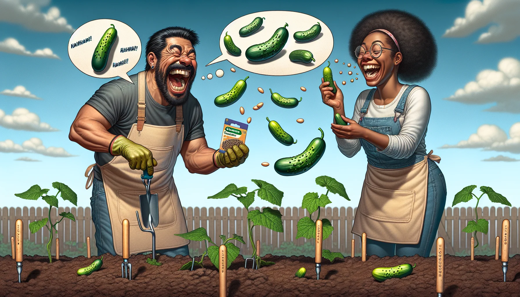 An entertaining, realistic image, replete with humor, depicting the process of planting cucumber seeds. In the foreground, a Hispanic male in a gardening apron is laughing as a cucumber seed bounces off the tip of his nose, while a Black female, also in gardening clothes, giggles holding a pack of cucumber seeds. They stand poised over a well-tilled plot of land, ready to plant. Basic illustrated steps to plant cucumber seeds are displayed floating in the air around them like comic bubbles, adding a whimsical touch to the image. All in all, the scene conveys the joy and fun that can be found in gardening.