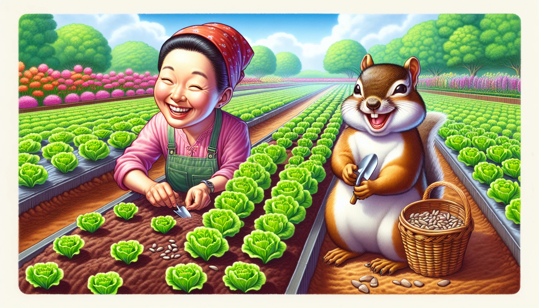 Create a detailed, realistic scene illustrating the process of planting lettuce seeds, but with a humorous twist. In the center, showcase an Asian female gardener happily sowing the seeds onto soft, fertile ground. Beside her, a squirrel beaming with cheeky delight is imitating her actions, mimicking the use of a tiny spade and carrying a miniature basket full of seeds. Keep the background vibrant, lined with beds of flowering plants, and the sky a clear blue. Convey a light-hearted, enjoyable tone throughout the image, inspiring viewers to participate in gardening activities.