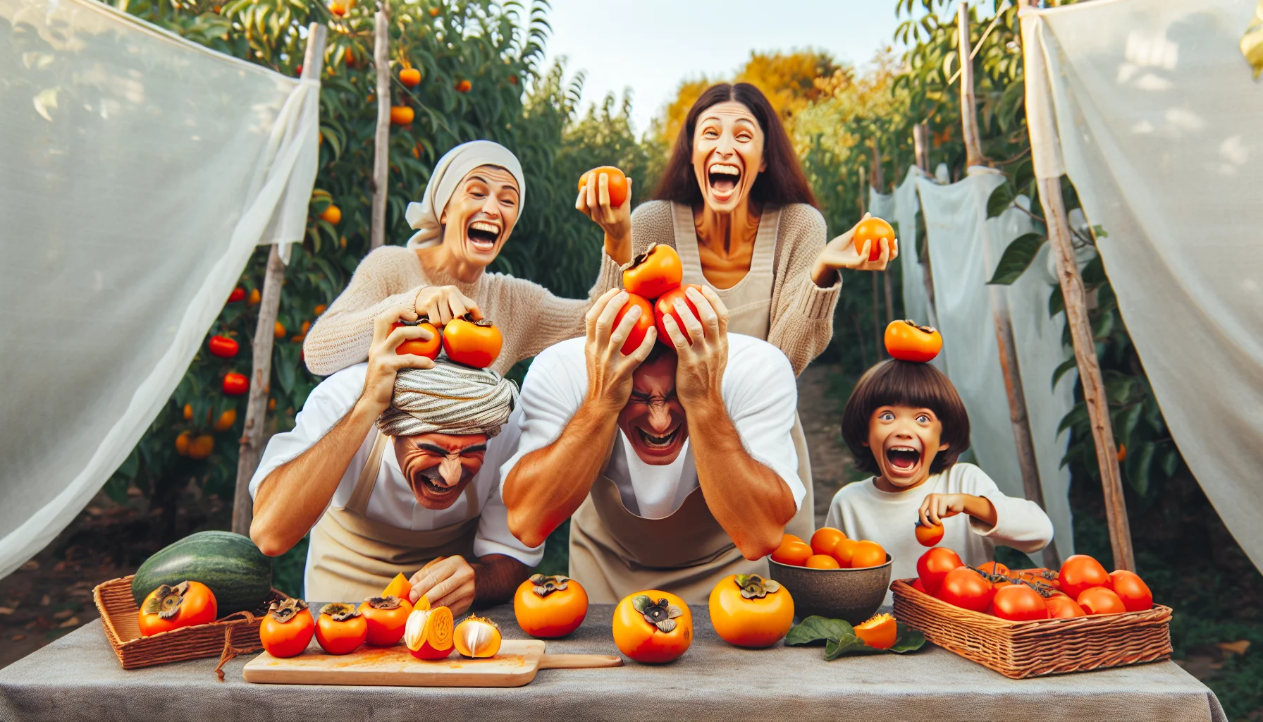 Craft an amusing and relatable scene in a garden setting in which various individuals are playfully learning to prepare and enjoy persimmons. There's a Middle-Eastern man trying to balance ripe persimmons on his head, a White woman laughing hysterically as she mistakenly peels a tomato instead of a persimmon, and a Black child watching in amusement with a fresh persimmon in his hand, ready to savor. Highlight the richness of the persimmons' orange color against the green backdrop of the garden and ensure that this scene inspires a love for gardening and fresh produce.