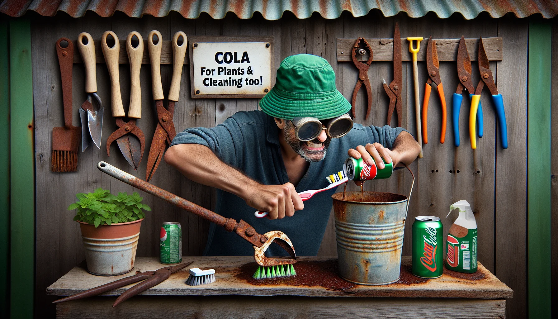 A humorous and realistic scene of a person trying to remove rust from garden tools. The individual, a Middle-Eastern man in his early thirties, is wearing a green gardening hat that's too large for his head, partly covering his eyes. He's armed with a toothbrush and a can of cola, energetically scrubbing the rust off a pair of antique pruning shears. The rustic garden shed background, with multiple gardening tools hanging, sets the scene. There are also 'instruction' signs humorously positioned, one says 'Cola: for plants & cleaning too!' Another sign details the steps - 'Dip, Scrub, repeat!' This delightful image should inspire people to embrace gardening despite minor setbacks like rusty tools.