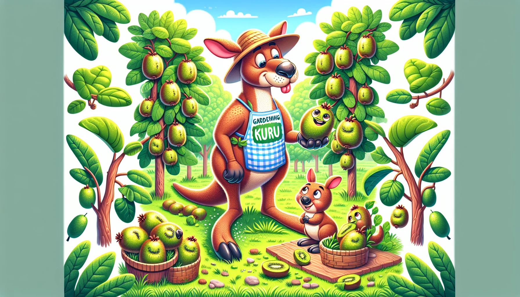 Create a humorous, vivid and realistic image of a gardening scene. In the center, there is a prominent kangaroo routinely checking the ripeness of kiwi fruits. The kangaroo is illustrated anthropomorphically, standing upright, and wearing a sun hat and a bib saying 'Gardening Guru'. There's a diverse array of kiwi trees, complete with luscious green leaves and ripening kiwi fruits. To add fun, the kiwi fruits have cheerful faces and are seen playing hide and seek around the kangaroo. Use this joyful scene to illustrate the process of ripening kiwi fruits and the enjoyment of gardening.