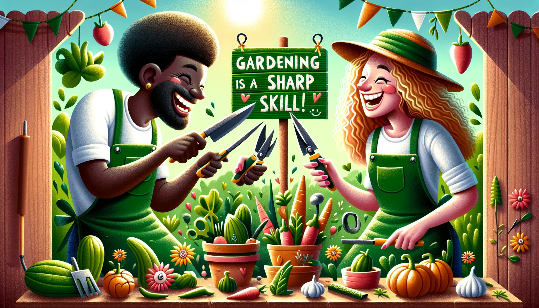 Create a fun and lively scene in a green garden where a black man and a white woman are having friendly competition sharpening their garden tools. They are laughing and surrounded by an array of amusingly shaped vegetables and flowers. Behind them is a quirky, hand-painted sign that reads 'Gardening is a Sharp Skill!'. The sun is casting a warm, sunset light over the scene, adding to the cozy and inviting atmosphere. Let the design of the image be clear and detailed, encouraging everyone who sees it to find joy in gardening.