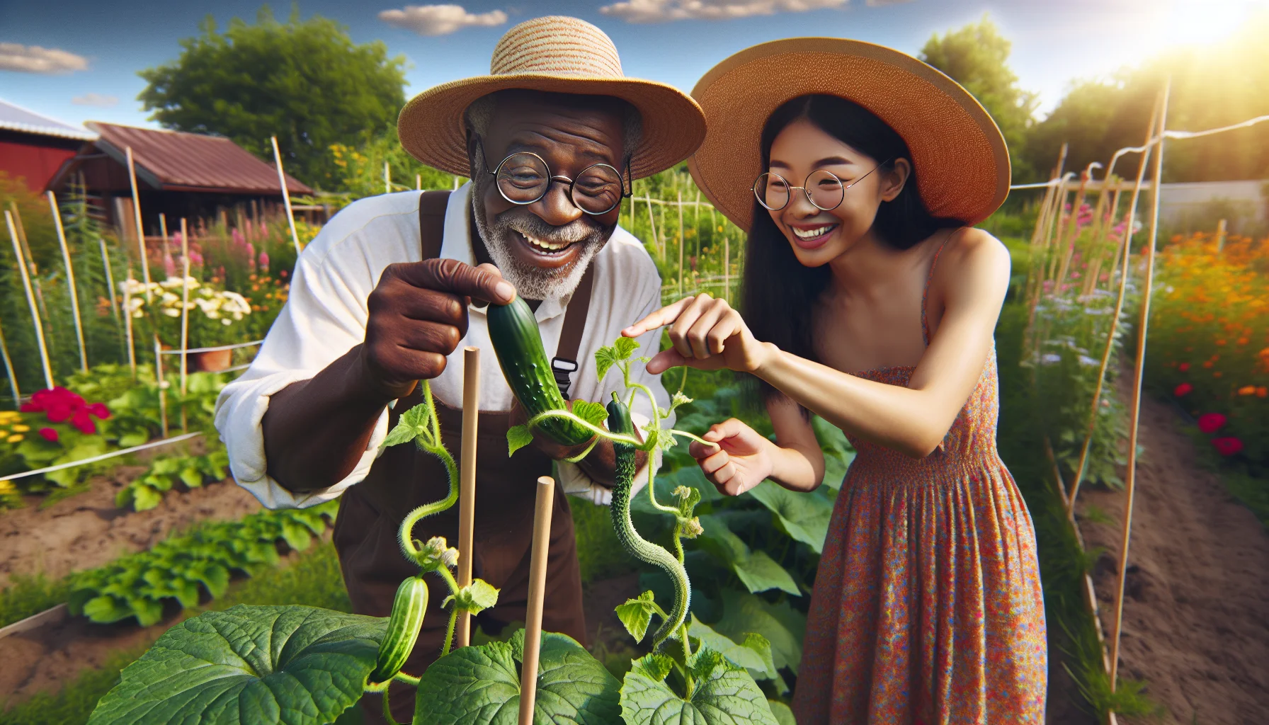 Create an amusingly engaging garden scene where two individuals are staking a cucumber plant. One person, an elderly Black man with a sun hat and glasses, is instructing a young Asian woman, wearing a straw hat and a vibrant sundress, on how to stake the cucumber vine properly. They are surrounded by a vibrant garden with various other vegetables and flowers, with the sun shining overhead. Both are smiling, perhaps the vine somewhat resembles a green, curly snakes, adding to the humour. This jovial scenery will attract people towards the joy of gardening.