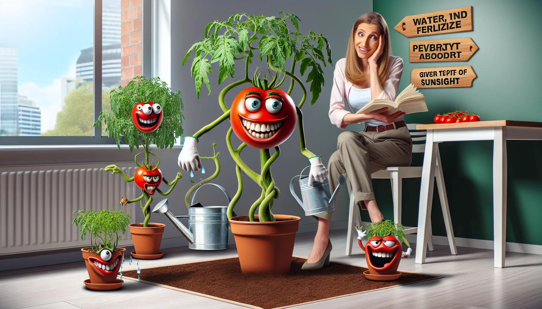 Create an amusing and realistic scene of indoor gardening. A tomato plant with a mischievous grin is twisting its vines playfully around a watering can. Nearby, a couple of enthusiastic gardening tools with expressive faces are also partaking in the fun. A Caucasian woman with a light-hearted expression is shrugging about the unexpected mischief while following a gardening book. Signs around the room playfully remind everyone to water, fertilize, and give plenty of sunlight to the plants, hilariously personifying the process of starting tomatoes indoors.