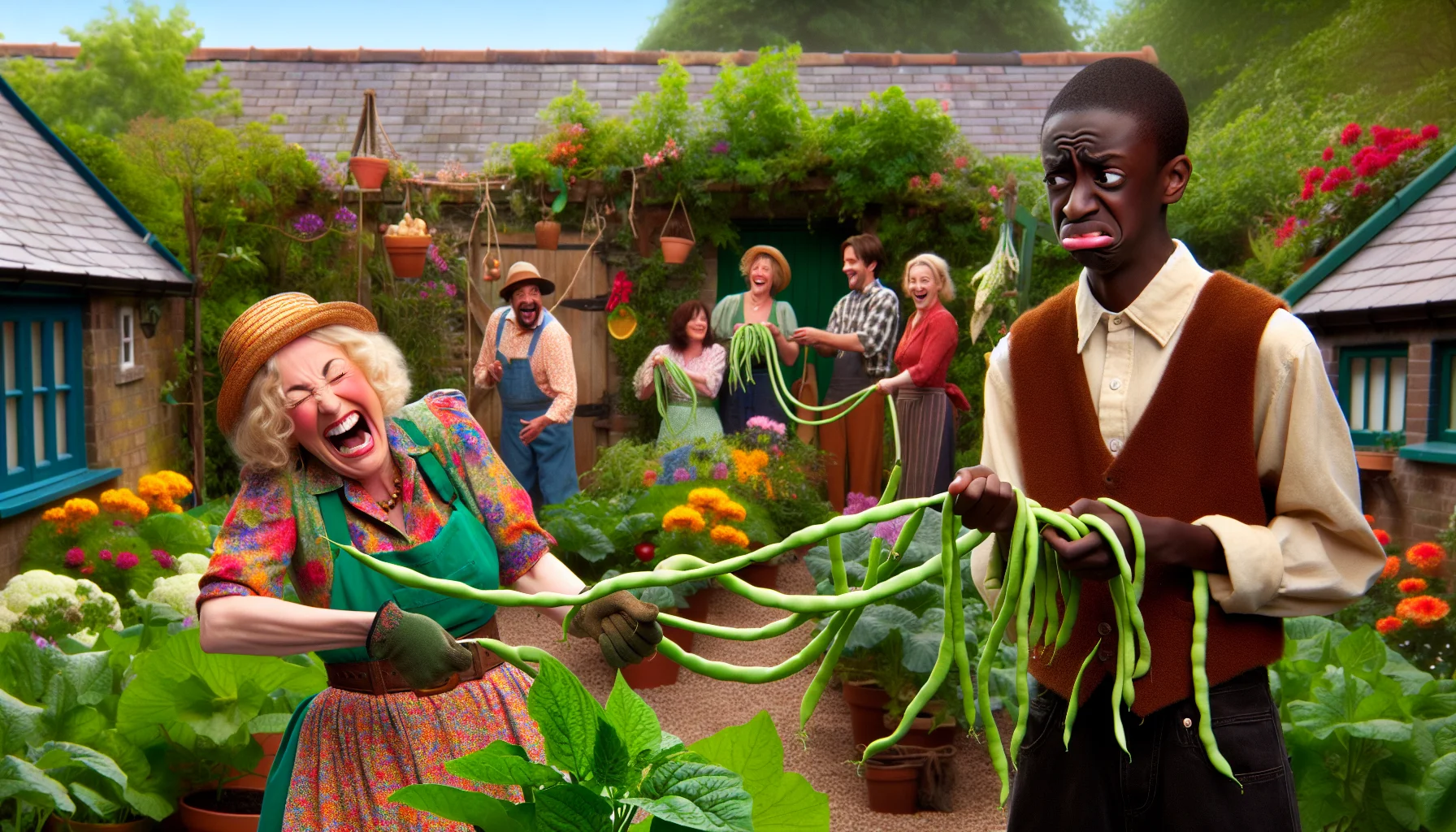 Picture a whimsical, humorous gardening scene. In this tableau, a mid-aged Caucasian woman, dressed in vibrant gardening attire, stands laughing while she attempts to string together a line of lively green beans. Opposite her, a Black teenager, wearing a dubious expression, holds the other end of the exuberantly sprouting bean line. Surrounding them, a lush and bountiful garden blooms with an array of colourful plants and vegetables, adding a scenic backdrop to the interesting task at hand. Their jovial expressions and the quirky scene therein, instills a joyful and inviting ambiance encouraging everyone to take part in gardening.