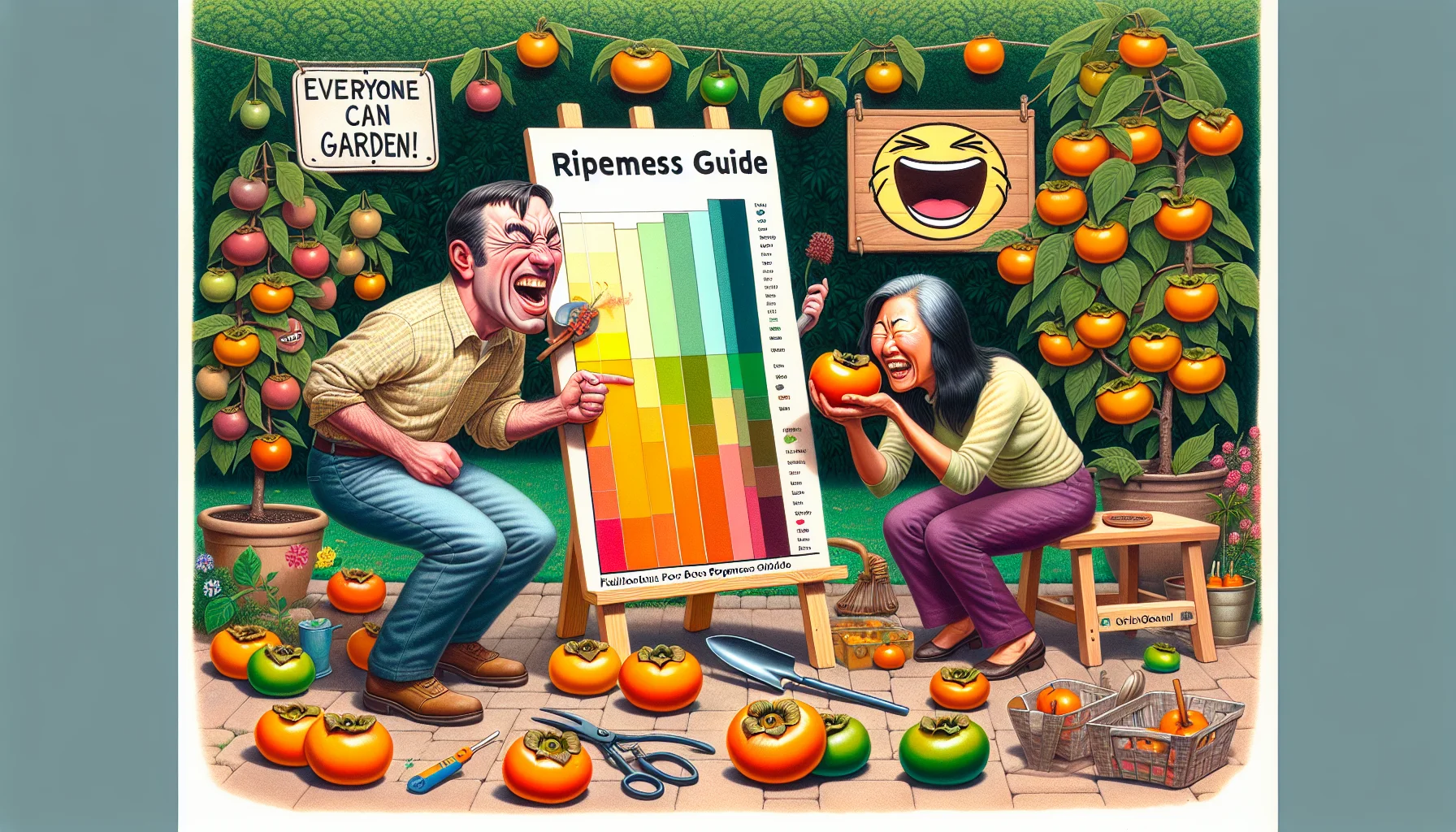 Create a detailed scene of a quirky and humorous situation in a lush home garden. It should feature two distinct characters, a Caucasian man with his eyes squeezed shut, sniffing a persimmon enthusiastically, and a South Asian woman laughing and holding a color gradient chart of persimmons, transitioning from light green to deep orange. The chart should be titled 'Ripeness Guide' with emblems of laughs in the corners. Surroundings include a variety of fruit trees bursting with produce, gardening tools scattered playfully and a stickered sign reading 'Everyone can garden!' to create an inviting atmosphere.