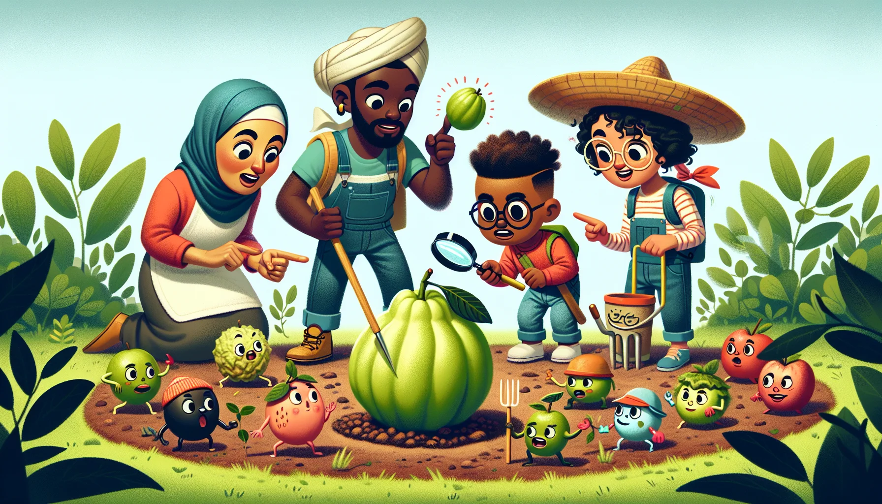 Generate a playful, realistic illustration representing the process of figuring out if a guava is ripe. Show a garden setting with a diverse group of three individuals engaged in the activity. A Middle-Eastern female gardener pointing out each step with a teaching stick, a Black male with a magnifying glass examining the guava, and an interested young Hispanic child observing keenly. Quirky little garden tools with faces on them appear to be participating as well and typing their own reactions to the scene, adding to the humor. This humorous scenario is meant to inspire people to try gardening.