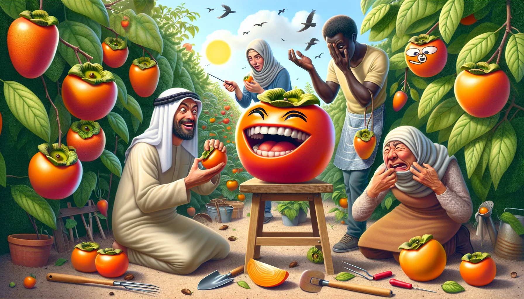 Create an image that depicts a humorous scenario in a garden setting where different individuals are trying to determine if persimmons are ripe. This scene could feature fruits with unique, exaggerated facial expressions showcasing ripening stages. For instance, a Middle-Eastern man could be seen squinting at a laughing persimmon that's radiantly orange, indicating its ripeness, while a Black woman is gingerly poking a less ripe, lighter colored persimmon looking doubtful. The background should breathe gardening vibes: lush green plants, sunshine, garden tools strewn about and birds playfully chirping in the distance. Through this image, relay the joy of gardening and the excitement of homegrown, ripe fruits.