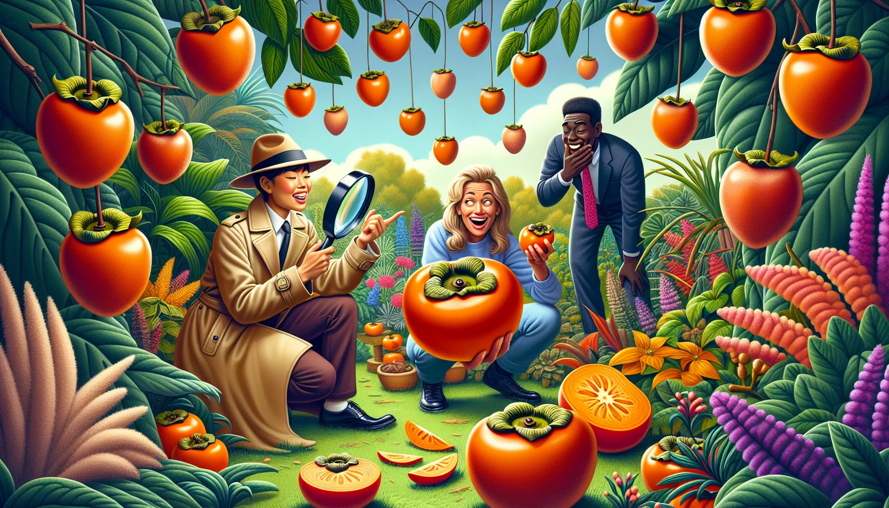 Create a humorous and engaging scenario illustrating how to tell when persimmons are ripe. The scene unfolds in a lush and vibrant garden, full of diverse plants and flora. In the centre, have a Caucasian woman dressed as a detective, inspecting a persimmon with a magnifying glass. Nearby, a Black man is chuckling, holding a perfectly ripe persimmon, the orange hue vivid and inviting. Use details like ripe coloration, softness, and sweet aroma to hint at the ripeness of persimmons. The overall image should communicate the joy and wonder of gardening and nature.