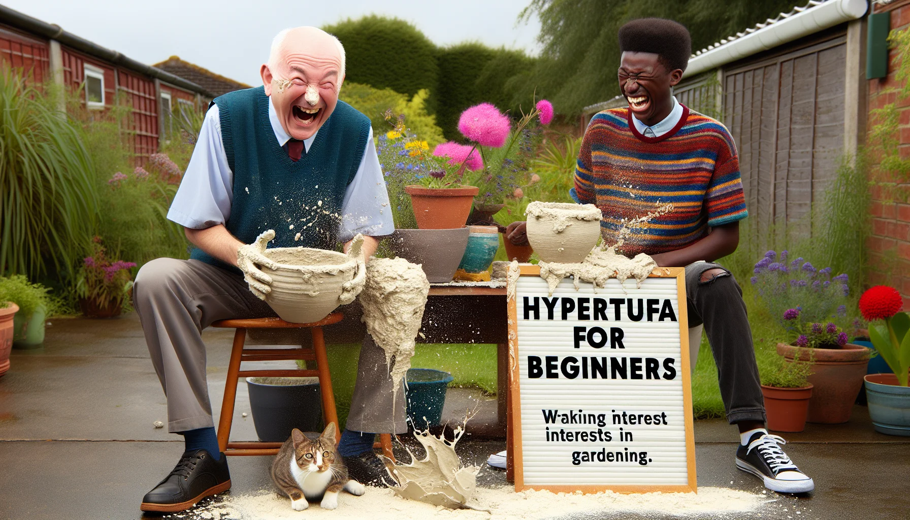 Create a humorous and realistic image that represents the joy and simplicity of starting with hypertufa in gardening. The scene can entail a jovial Caucasian elderly man and a Black teenager laughing heartily as they accidentally mess up their first hypertufa pot. The hypertufa mixture is spilling everywhere, and some even lands on the nose of an unsuspecting tabby cat standing by. A signboard on the side should read 'Hypertufa for Beginners' waking interest in gardening activities.