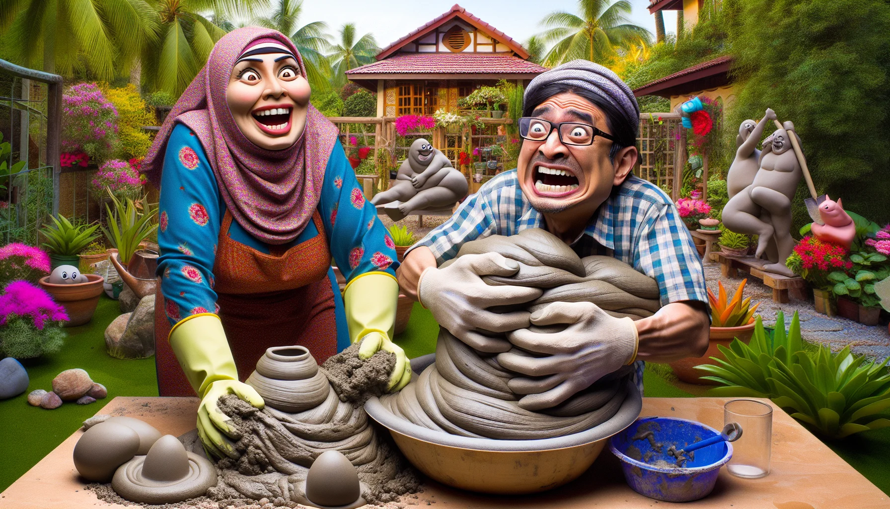 A humorously exaggerated scene of Hypertufa mold preparation for gardening. In the image's foreground, a Middle-Eastern woman with gardening gloves is making Hypertufa mix with a gleeful expression. Near her, a South Asian man is struggling comically with overly large Hypertufa molds, teetering as if about to lose balance. In the background, you can see a vibrant garden with a variety of plants in bloom. The overall atmosphere is light-hearted, meant to stir the viewers into appreciating the joy of gardening.