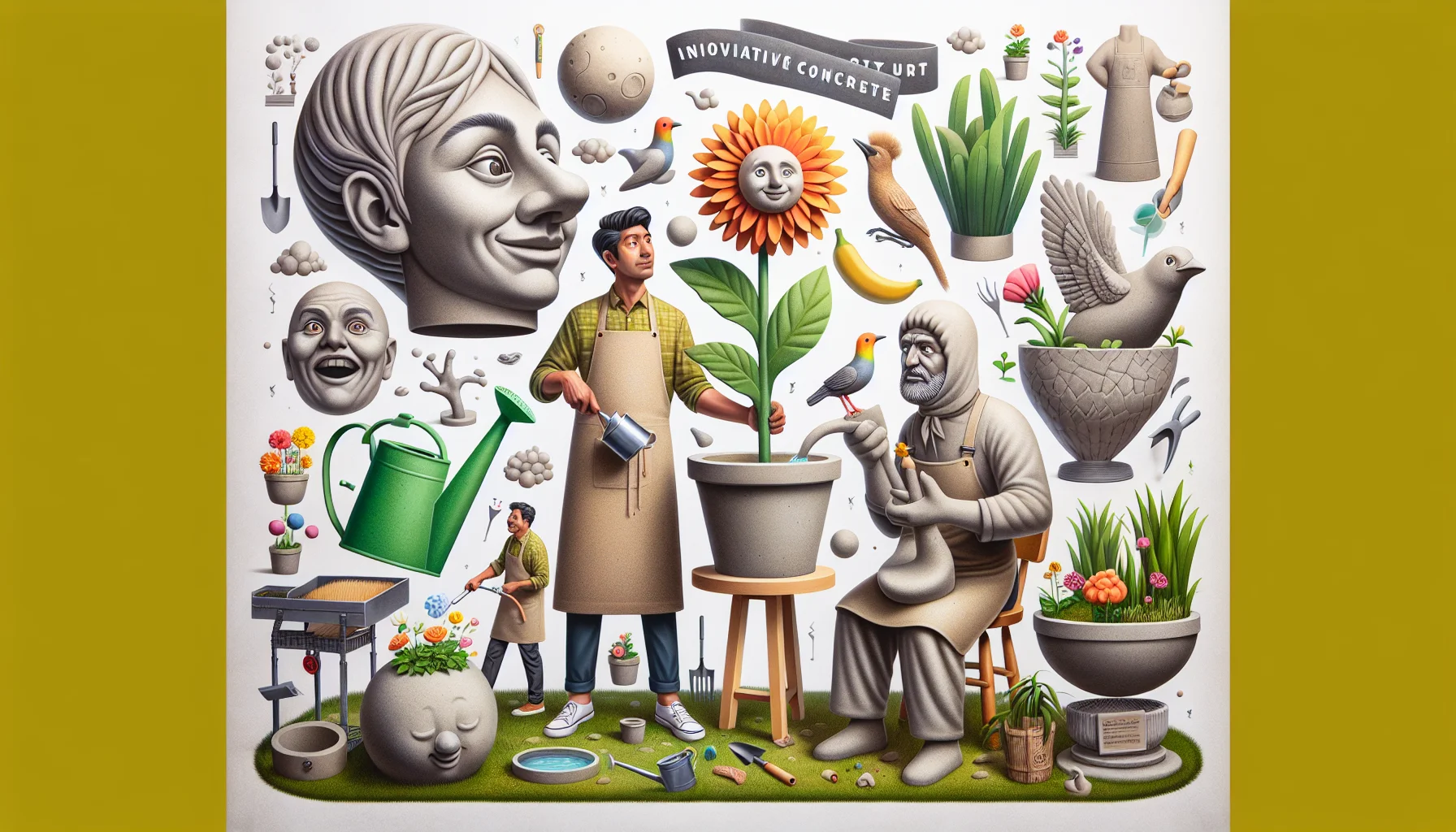 Produce a jovial, realistic illustration exhibiting the playful usage of Innovative Concrete Creations in the context of gardening. Imagine a scene where uniquely designed concrete planters and garden figurines are being employed in humorous instances. Possibly portray South Asian male in an apron bemusedly watering a concrete flower, or a Hispanic female having a surprise expression upon seeing a lifelike concrete bird statue. These elements come together to create an appealing and amusing tableau that celebrates the joy of gardening.