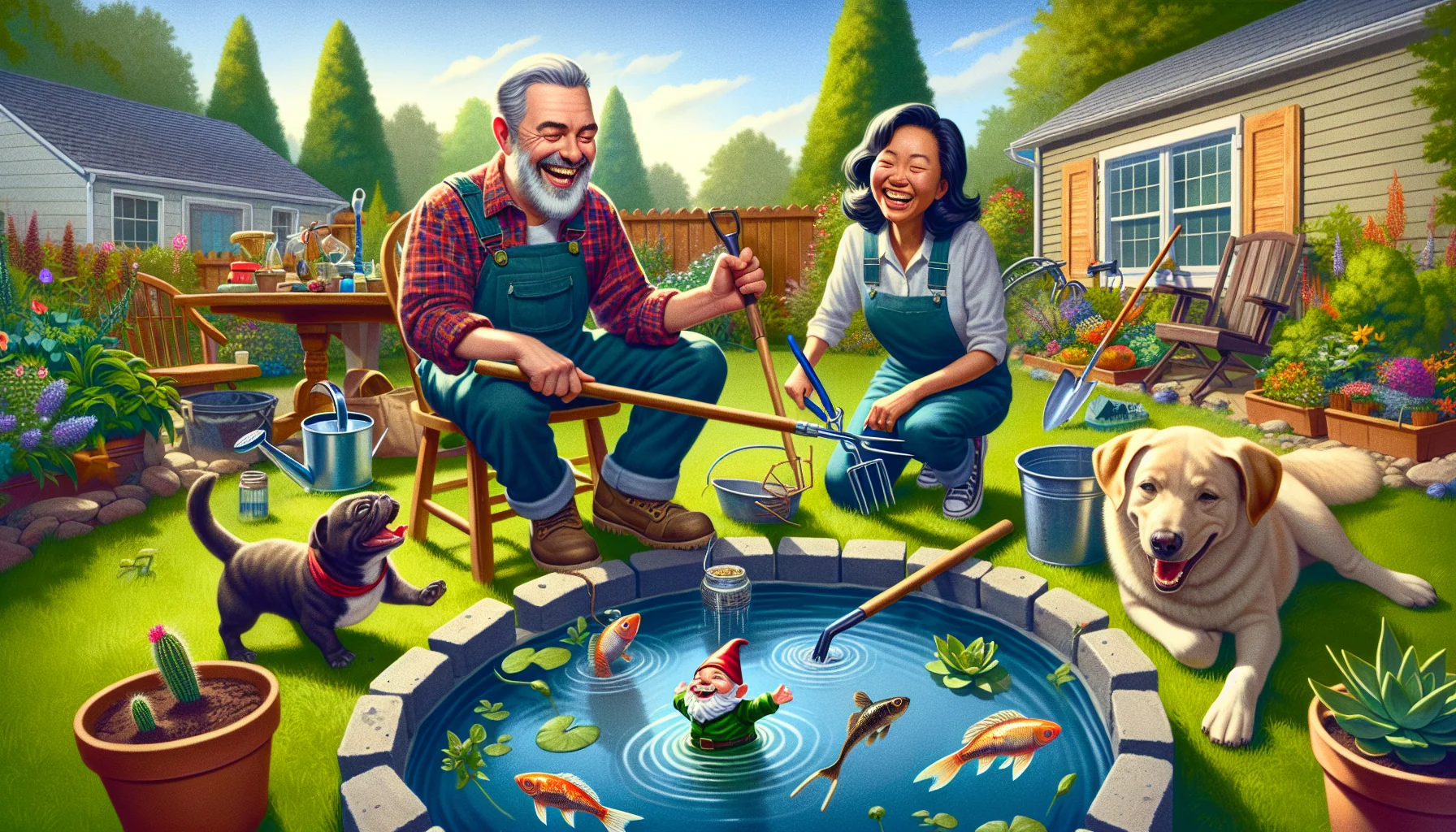 Depict an amusing and lighthearted gardening scene, which introduces the concept of garden ponds to the viewers. The scene should be set in a suburban backyard. In the foreground, a man of Caucasian descent and a woman of South Asian descent are taking part in pond creation with big smiles on their faces. They are wearing gardening attire and surrounded by a variety of garden tools. Additionally, to add humor to the scene, envision a garden gnome trying to 'help' by fishing in the unfinished pond, and a dog chasing a startled frog jumping out of the pond. The depiction should vividly demonstrate the fun and joy of gardening and pond creation, enticing viewers to get involved in gardening activities.