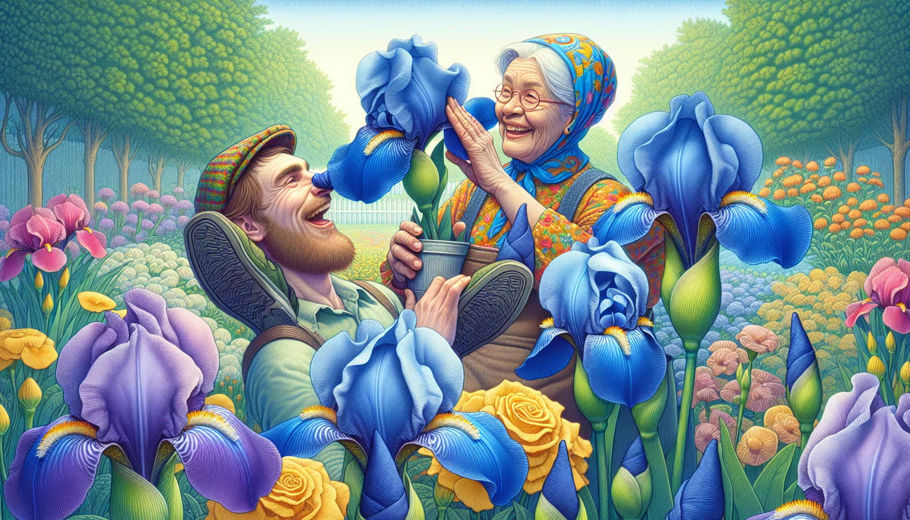 Create a detailed and humorous illustration that symbolizes the meaning of the Iris flower in a gardening context. The image should depict an amusing scene where a Caucasian man and a South Asian woman, both wearing colorful gardening clothes, are surrounded by vibrant Blue Iris flowers in a lush garden. The Iris flowers, in an exaggerated size, should be interacting playfully with the gardeners - perhaps one could be tickling the man's nose, causing him to laugh, and another flower could be 'whispering' into the woman's ear, making her chuckle. The overall atmosphere of the illustration should invite viewers to appreciate the joy and serenity that gardening can provide.