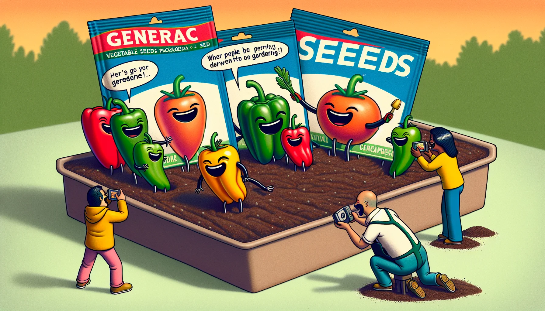 Create an image that showcases a comical scene involving generic vegetable seeds packaged by a well-known gardening company where people are drawn to gardening. The seeds are packaged in colorful envelopes, each one bearing an image representing the vegetable it contains. In this humorous scenario, the vegetables themselves are depicted as characters - tiny, vibrant avatars of peppers, tomatoes, and bell peppers, having a jovial conversation over potting soil as if they are about to plant themselves. The humans responsible for the garden - a cheerful Hispanic man and an equally enthusiastic Caucasian woman - are capturing this magical scenario, their expressions mirror the joy of gardening.