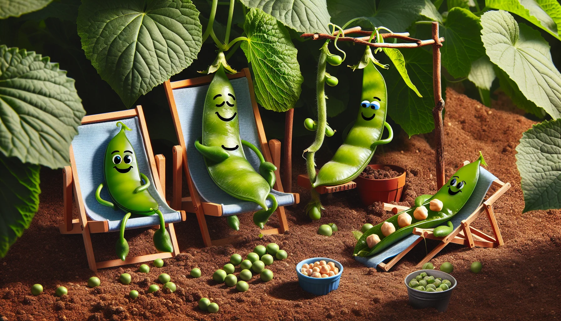 Create an enticing image of a humorous gardening scenario: there are three types of peas - green peas, snow peas, and chickpeas - being grown in a garden. Each pea appears personified with endearing facial expressions. The green peas are depicted relaxing on garden recliners, sunbathing under large leaves. The snow peas, in contrast, are joyously sliding down a cucumber vine like it's a slide. Last but not least, the chickpeas are seen busy constructing a small fort from twigs and leaves. This heartwarming scene radiates the joy and fun-filled experiences of gardening.