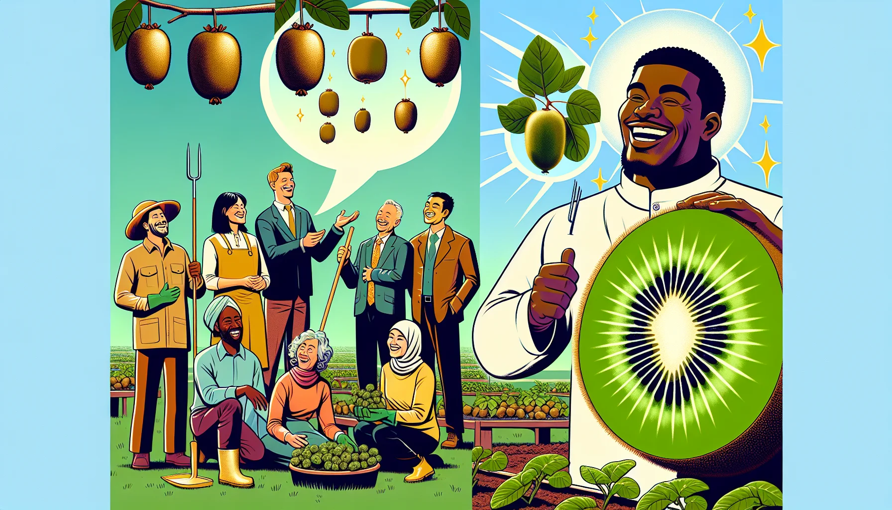 Generate an amusing, realistic scene of a diverse group of people of various descents and genders such as Caucasian, Middle-Eastern, Black, South Asian, and Hispanic, both male and female, joyfully engaging in gardening, focusing on growing kiwi trees. Ilustrate the fruits hanging from the tree branches, ripe and ready to be harvested. Next to the gardening group, envision a huge, anthropomorphic kiwi fruit with glowing skin, flaunting an aura of health and beauty. Include a cartoon-like dialogue bubble that expresses in a comedic and compelling way how its splendid skin comes from the nutrients found in kiwi fruits.