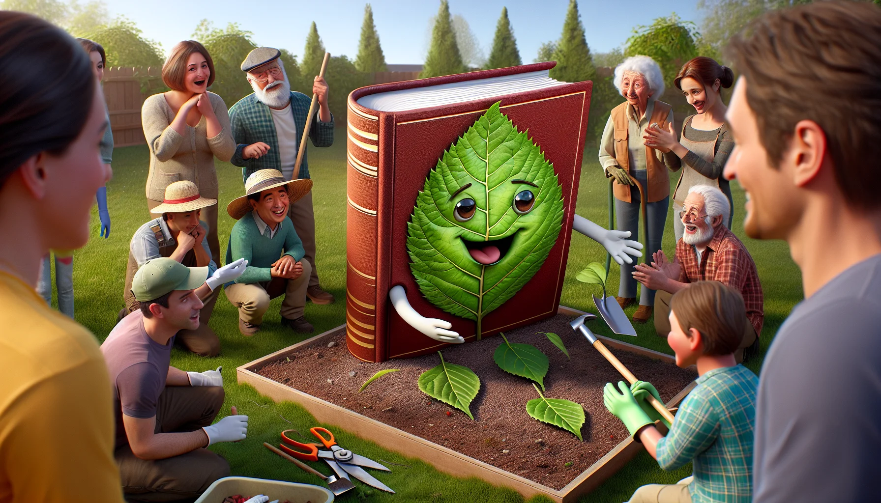 Create a realistic and amusing image featuring a comprehensive Leaf Casting Guide. The guide, depicted as an anthropomorphic book, has a face on its cover and thus shows expressions. The humorous scenario involves the book demonstrating leaf casting, with its pages interacting with real leaves and garden tools. It is surrounded by diverse people of different ages and genders, including a Hispanic elderly woman, a Middle Eastern young man, and a Caucasian child, all wearing gardening hats and gloves, watching the leaf casting demonstration with excitement and laughter. This image aims to inspire viewer interest in gardening.