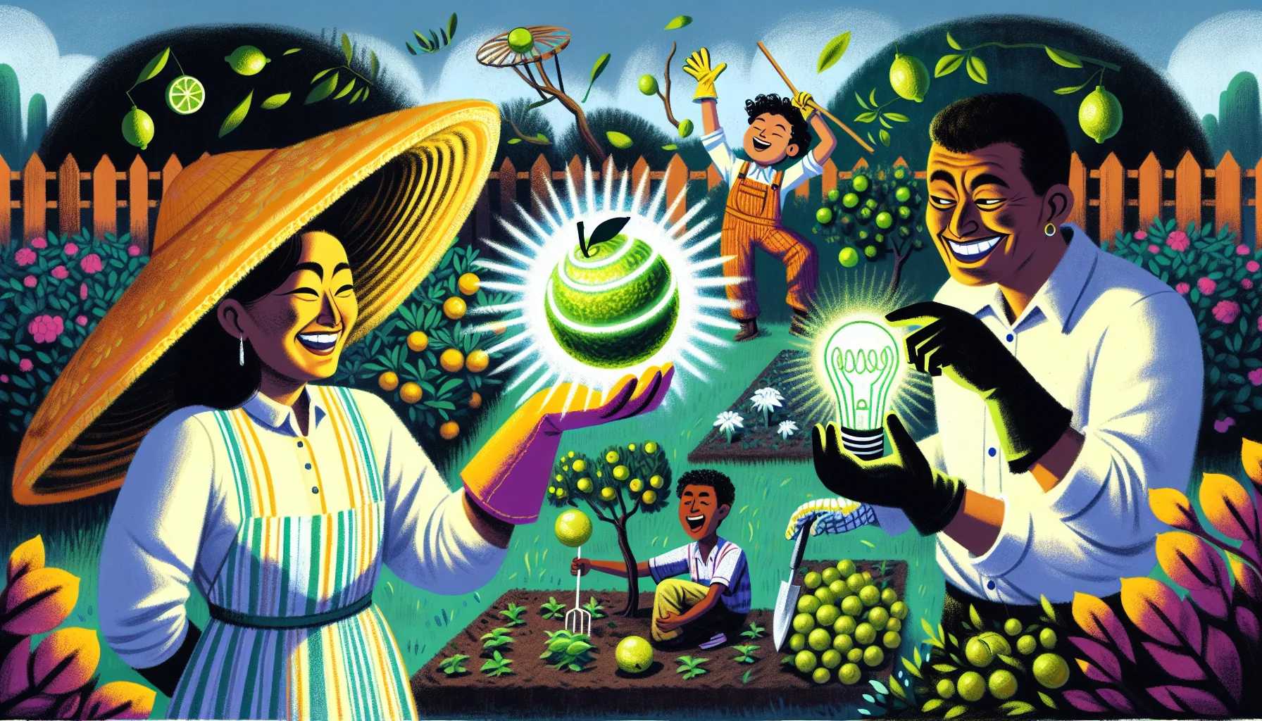 Imagine a humorous garden scene where limes are being used in unconventional ways. Picture, for instance, a South Asian woman wearing a sun hat and gloves, using a lime in place of a lamp; the fluorescent glow ironizes the lack of need for a lamp outdoors in the daylight. Nearby, a Hispanic man with a twinkle in his eye is playfully using a lime as a magic crystal ball, predicting the growth of the plants. There's also a Black child in the background, giggling while trying to use a lime as a ball, kicking it around the garden. This whimsical and lively illustration encapsulates the joyful spirit of gardening.