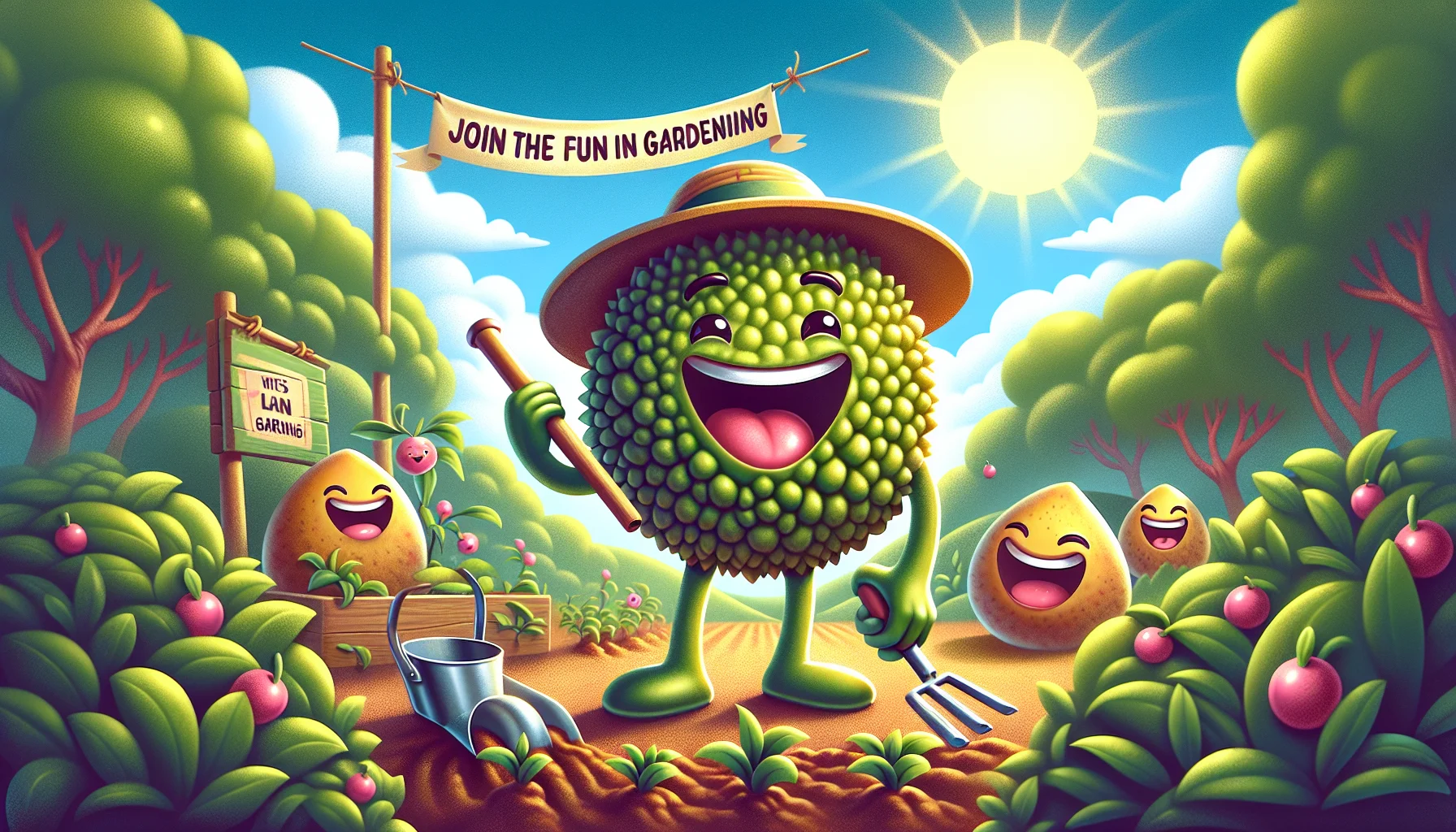Visualize a humorous scene involving litchi. The litchi is anthropomorphized, showcasing human-like expressions and movements. It wears a green gardener's hat and holds a small hoe. It's joyously taking care of a tiny garden plot. The background depicts lush foliage and thriving plants under a bright, warm sun. Nearby are other laughing fruits and vegetables, inspired by litchi's infectious enthusiasm, willingly participating in gardening activities. A banner flies above with the words 'Join the fun in gardening', positioning gardening as enjoyable and rewarding.