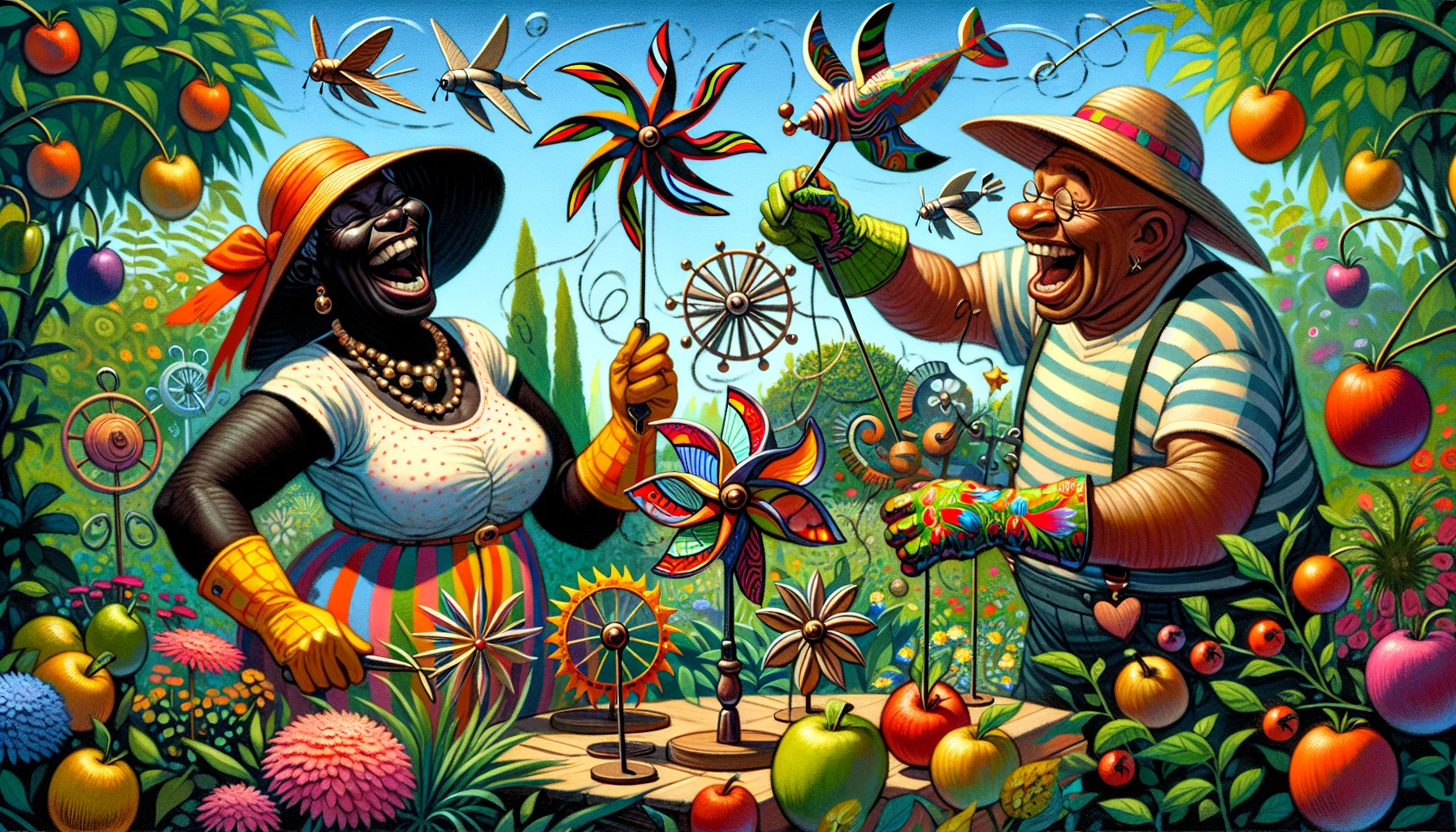 Illustrate a humorous scene taking place in a vibrant and lush garden. In this scenario, a Black woman and a Middle-Eastern man, both wearing colorful garden gloves and sunhats, are engaged in the joyful task of creating whirligigs. Their whirligigs exhibit an extraordinary mix of designs and colors, some resembling unusual animals, others depicting abstract shapes. They're laughing heartily with a playful expression on their faces, their spirited demeanor drawing spectators in, compelling them to join in the delight of gardening. The garden itself is teeming with life - blooming flowers, buzzing bees, fruits silhouette against the clear blue sky contributing to the captivating allure of gardening.