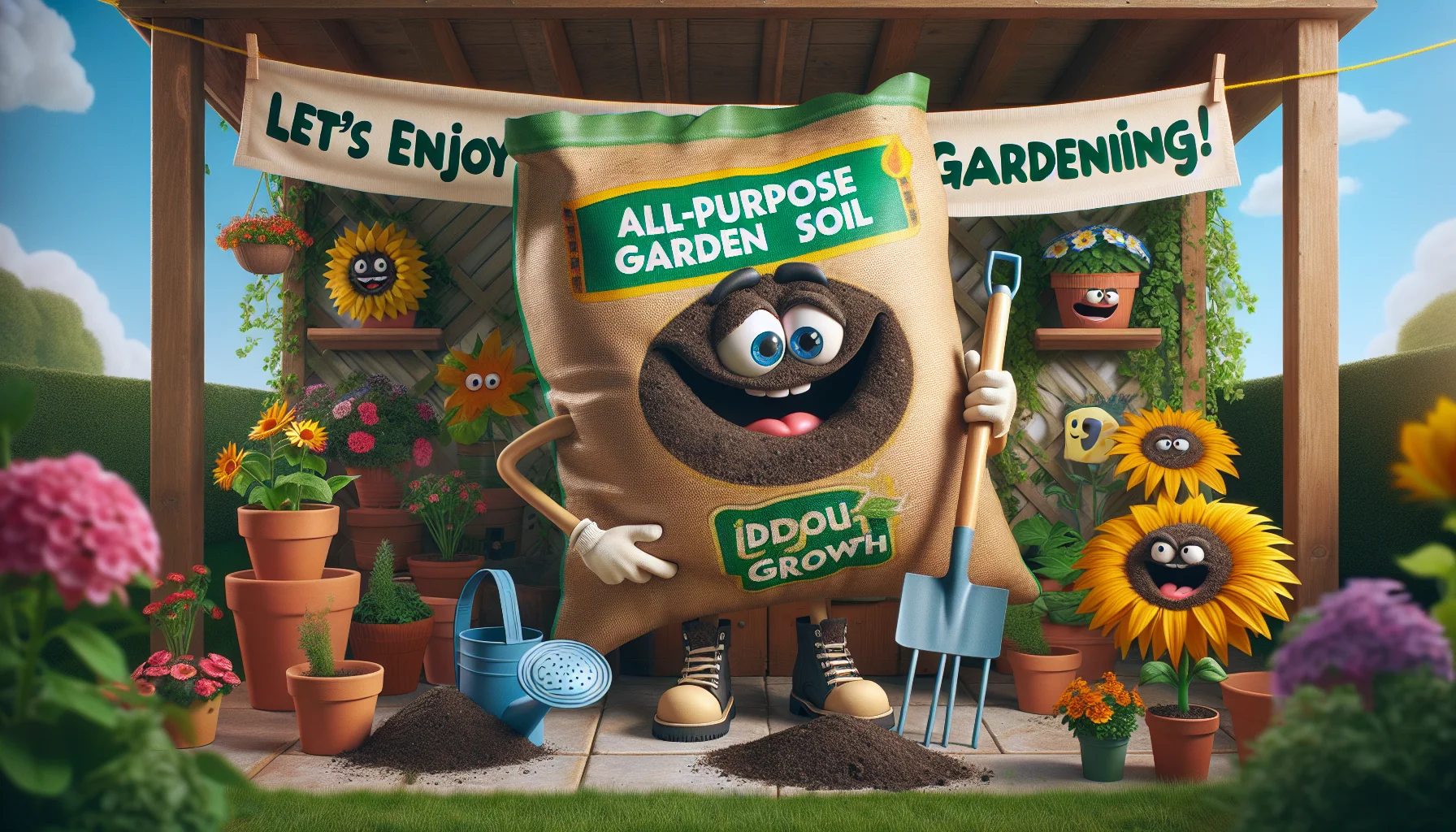 A humorous and realistic scenario showcasing a bag of all-purpose garden soil, labelled as 'Ideal Growth', in a quaint little garden. The garden soil bag is depicted with cartoonish eyes and a big grin, holding a rake and a watering can, as if ready to help in gardening. Excited plants around are practically jumping out of the pots as if roaring for this soil. A banner flies overhead, reading 'Let's enjoy gardening!'. The vibrant flowers, lush green plants, and a sunflower with a sunhat, add to the charming and playful ambiance, encouraging the spectators to indulge in gardening.