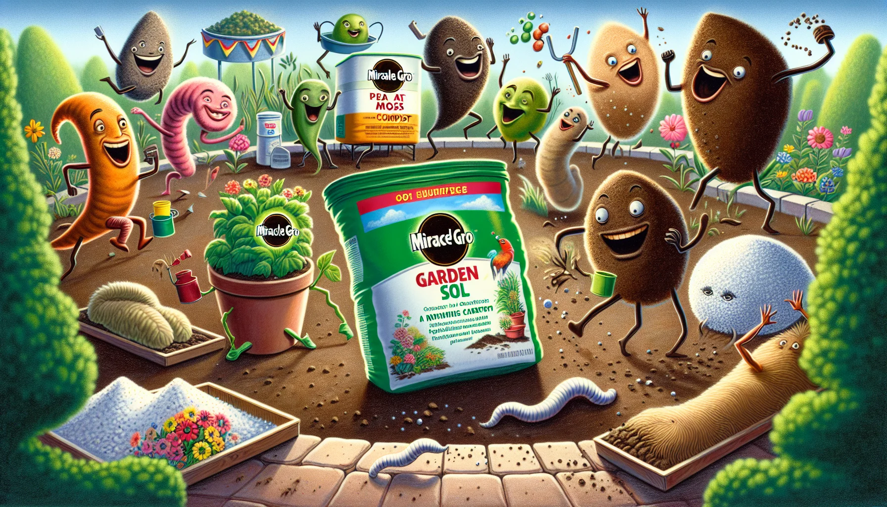 A whimsical depiction of Miracle Gro garden soil ingredients coming to life in humorous ways to demonstrate their benefits for plants. Imagine peat moss throwing a party for earthworms, compost participating in a beauty contest showing off its nutrient-rich attributes, or perlite, the miniature white balls in the soil, having a fun race around the garden. All these depicted in a lively, vibrant scene stirred with playful interactions suggestive of the joys of gardening.