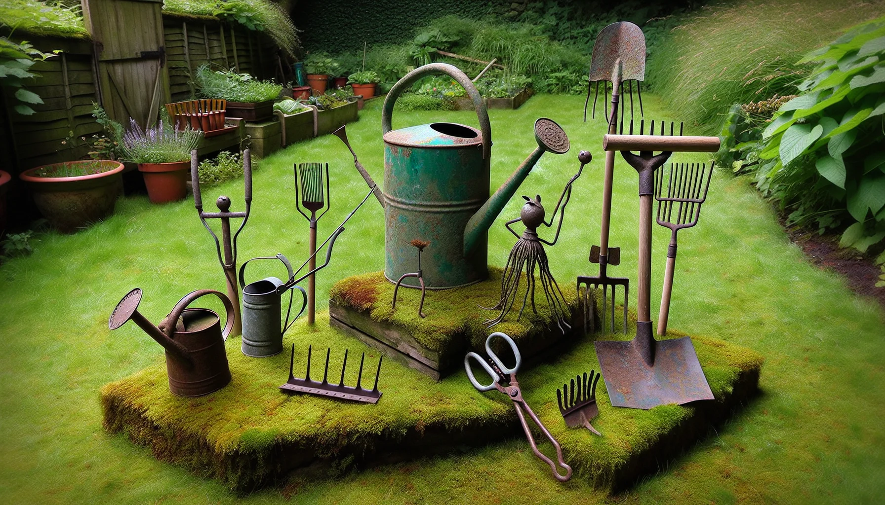 Create an image presenting a whimsical scene set in an antiquated garden. The gardening equipment - such as tarnished watering cans, weathered wooden rakes, and rusty shears - appear to be engaged in a comedic garden performance. A small, rusty spade seems to be conducting a garden tool symphony, and a moss-covered watering can is acting as if it's singing a powerful opera song. A rake with a broken handle seems to be attempting a ballet pose on a patch of verdant grass. This amusing display of old garden tools personified forces one to smile and feel an inexplicable urge to get involved in gardening.