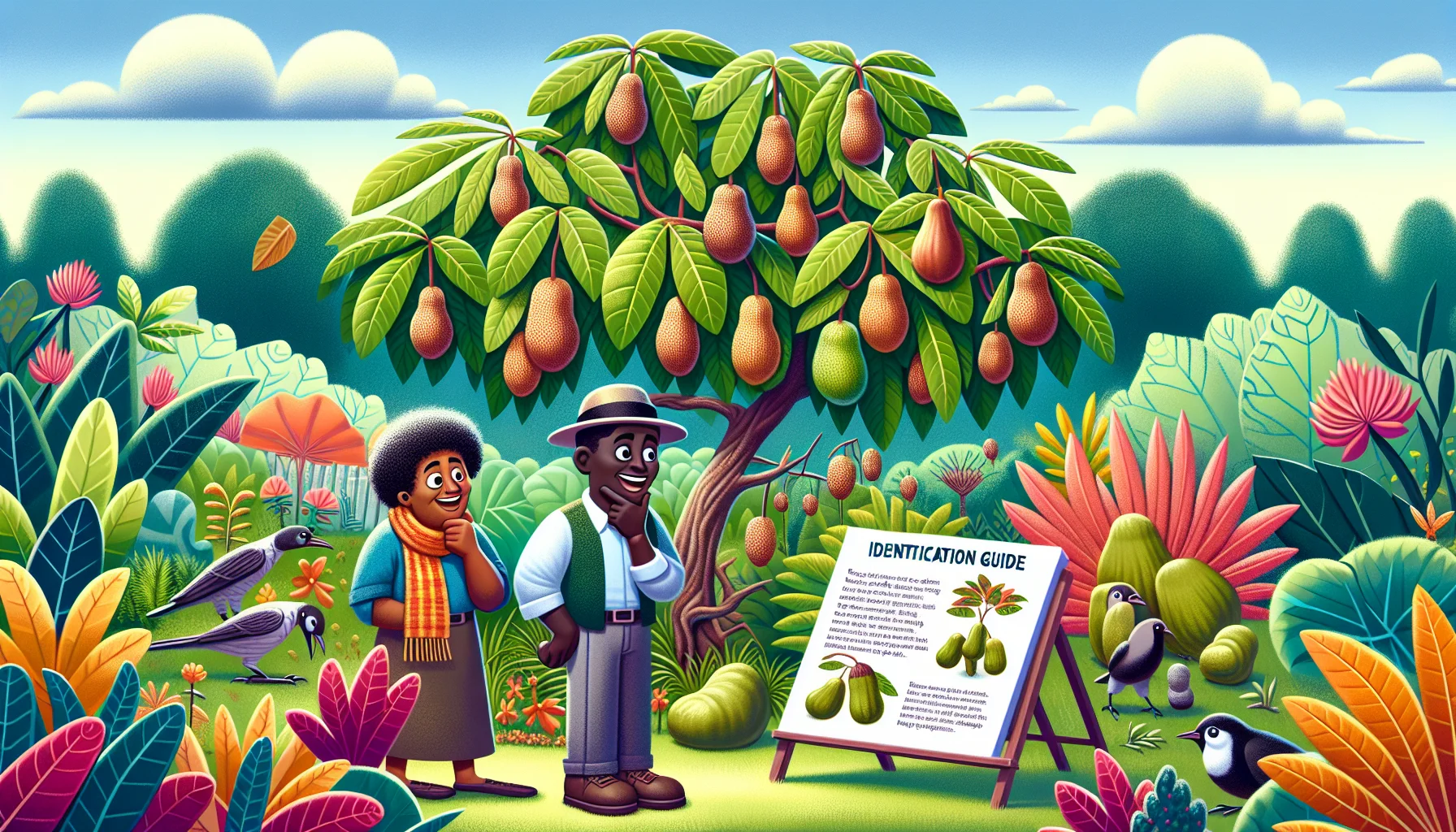 Imagine a quirky scenario set in an abundant garden. Off to one side, a large, well-established paw paw tree stands majestically. There's a helpful guide positioned nearby, bursting with color and details about the tree's identification features including its broad, drooping leaves and distinctive fruit. Lively characters, a Hispanic woman and a Black man, are in awe of the large, uniquely shaped fruits hanging from the branches. To add a humorous touch, a group of birds seem to be imitating humans, eagerly studying the guide, plotting to gorge on the paw paw fruits. This cheerful and amusing image encourages a love for gardening.