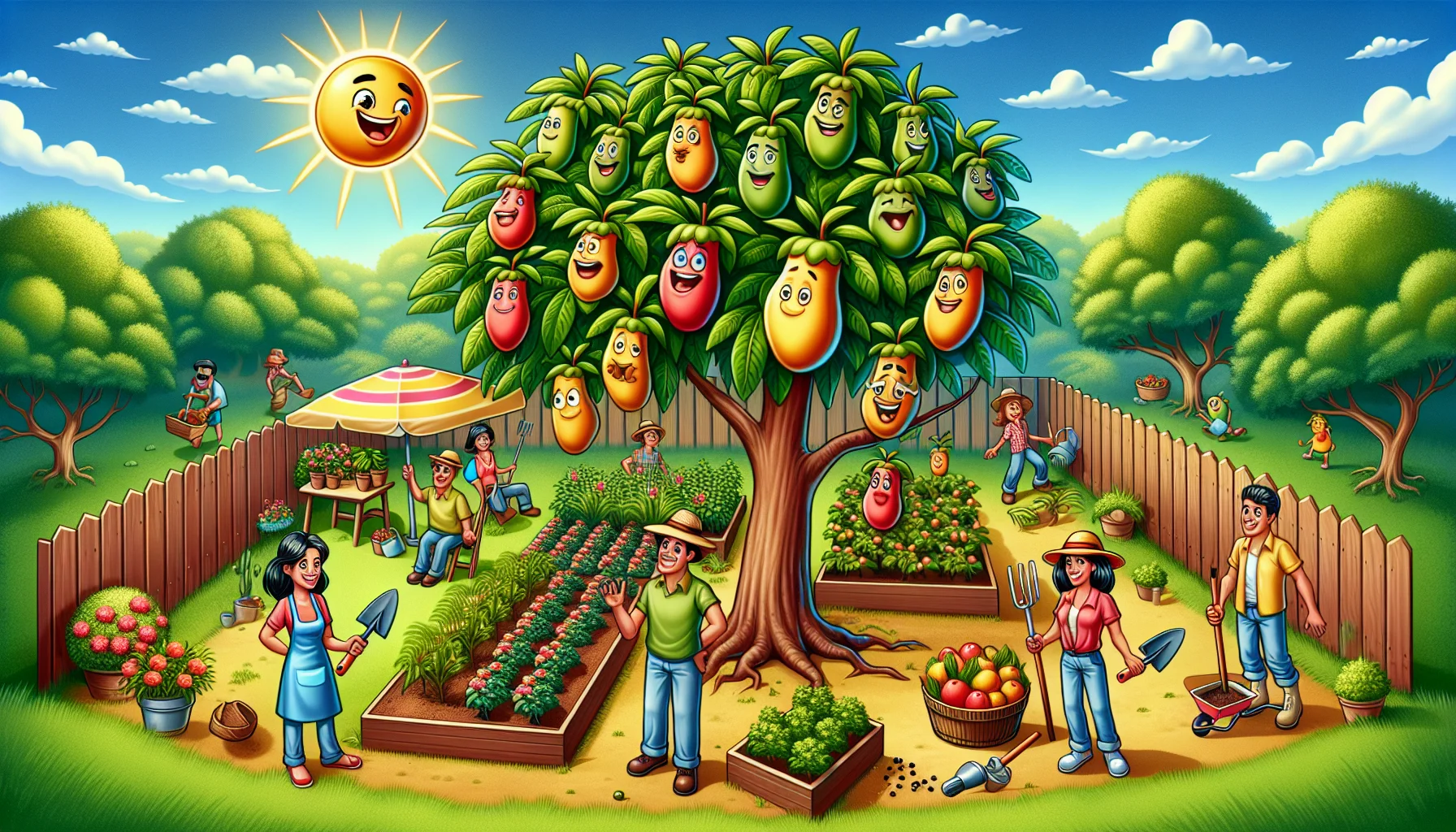 Create a highly detailed and realistic image of a sunny backyard garden. In the garden, there is a humorous scenario taking place. There's a vibrant pawpaw tree with ripe pawpaw fruits hanging from its branches. Some of these fruits have amusing faces drawn on them, like they are animated characters. There are also a few people scattered around, diverse in ethnicity and gender, all with cheerful expressions and gardening tools in their hands. A cartoon-style thought bubble from one of the pawpaw fruits suggests 'Gardening is Fun!'. This image should radiate a light-hearted and playful mood to encourage a passion for gardening.