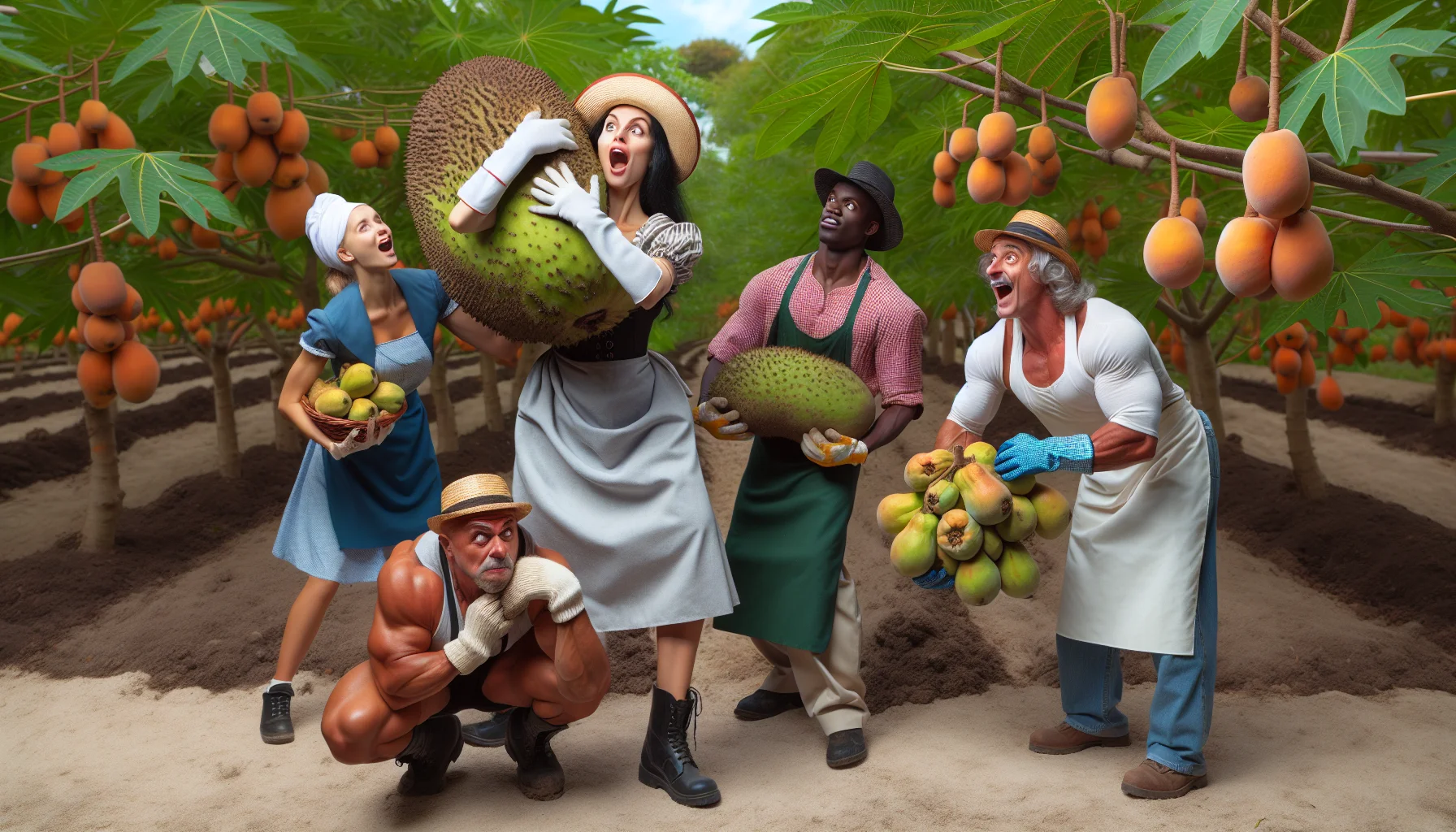 Create an incredibly humorous and realistic scene set in a lush pawpaw orchard. This should include people representing different descents such as Caucasian, Hispanic, Black, Middle-Eastern, and South Asian happening upon unexpectedly large pawpaw fruits. The Caucasian woman, dressed as a gardener with gloves and a hat, should be in a state of surprise as she carries a pawpaw fruit as big as her own head. A Middle-Eastern man nearby is straining to lift a cluster of heavy pawpaws with a shocked face. A South-Asian woman, Hispanic man, and Black woman should all be laughing heartily in their gardening attire at this bizarre sight, thus creating a jovial atmosphere that embodies the joy of gardening.