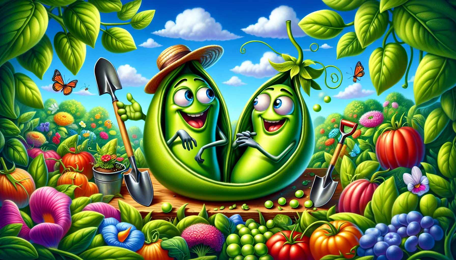 Create a vivid and entertaining image that shows a pair of googly-eyed peas in a pod, nestled in vibrant green leaves, engaging in a humorous dialogue. They're laughing and joking, one pea meticulously holding a tiny shovel while the other pea flamboyantly wearing a gardening hat. Surrounding them, a lush garden full of colorful blooming flowers, ripe vegetables, and busy insects under a blue sunny sky. The scene sets the tone for how enjoyable and amusing gardening can be, making it hard for anyone to resist the charm of digging into their garden.
