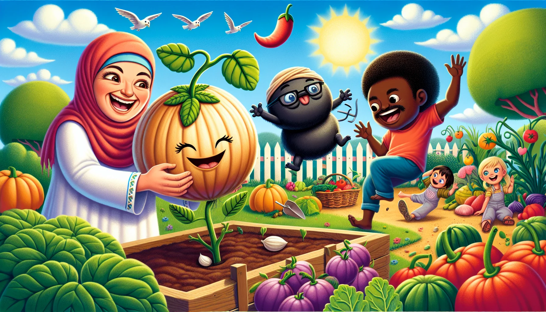 Craft a scene in a realistic style that humorously emphasizes the joy of gardening, featuring a ripe percinnamon. Picture this; there's a Middle-Eastern woman cheerfully planting a percinnamon seed, while a Caucasian man is comically chasing a perky percinnamon that's furtively rolling away. A Black kid with curious eyes is giggling, holding a percinnamon plant with a single-ripe percinnamon on it, as if it grew in no time. The summery blue sky overhead, chirping birds around, and the colorful variety of vegetables in the background creates a jolly atmosphere.