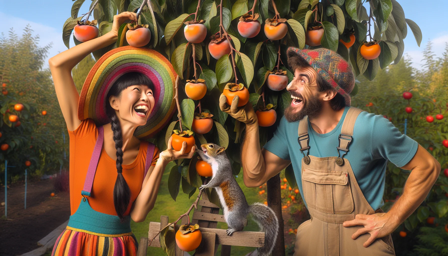Visualize a humorously enticing scenario centered around ripe persimmons in a garden. Imagine a South Asian woman in her 30s and a Caucasian man in his 40s both laughing as they reach for the same ripe persimmon on a tree. Both are wearing quirky gardening attire – the woman with a brightly colored sunhat and the man in overalls. A sneaky squirrel is on the other side of the tree, tugging on another ripe persimmon. The vibrant colors of the garden and the ripe persimmons highlight the joy and excitement of gardening.