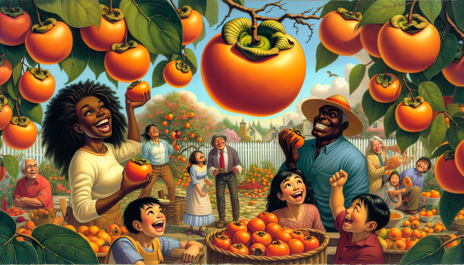 Visualize a whimsical scene set in an abundant garden at the height of harvest season. Large, luscious persimmons are ripening on laden branches while a group of diverse individuals marvel at their beauty. Picture a black woman laughing heartily as she plucks a ripe persimmon, a Hispanic man playfully juggling ripe fruits and a Caucasian boy whose eyes widen in awe at the sight. Let the scene radiate warmth and cheerfulness to capture the essence of a joyful gardening experience and the delight it brings to people of all descents and genders.
