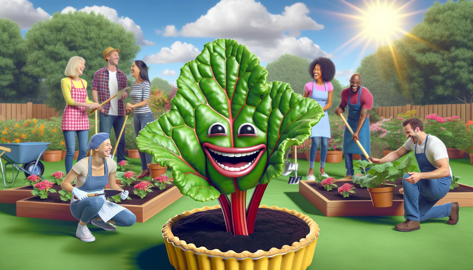 Generate a realistic image of a pie plant (rhubarb) in a whimsical scenario. The scene is taking place in a cheerful garden on a sunny day. A notable aspect is that this pie plant has a grin on its leaves as if it's inviting people to enjoy gardening. In the background, there are individuals of diverse descents such as Caucasian, Hispanic, and Black both females and males, laughing and having fun while tending to their plants. The image promotes a joyful and community-driven spirit of gardening.